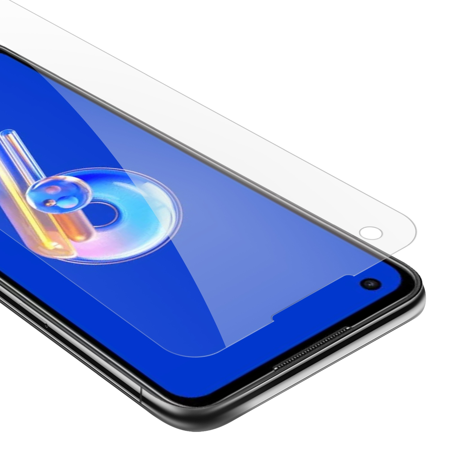 Una protezione schermo viene applicata sullo schermo di un telefono. Il telefono è blu. La protezione è trasparente.