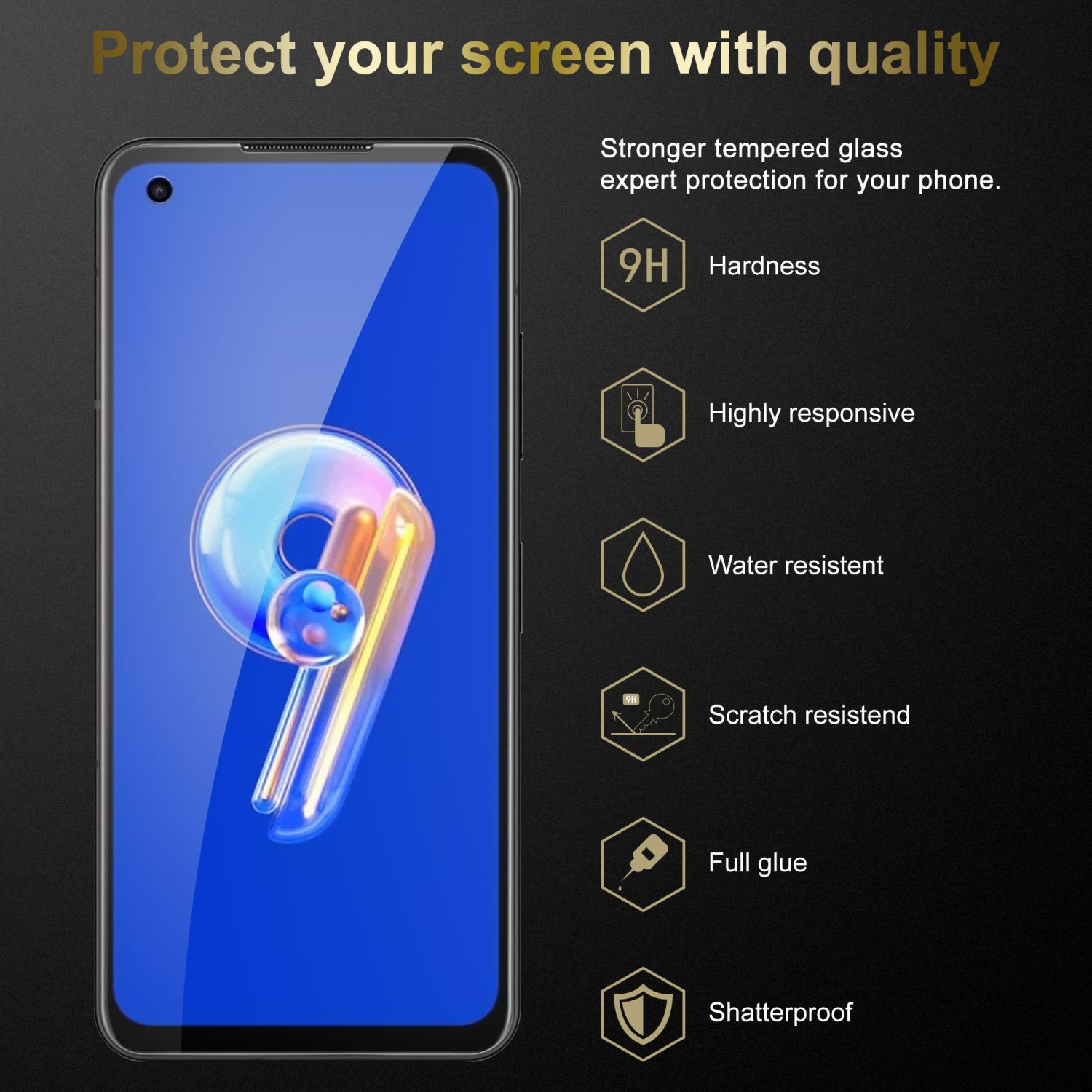 Schermo del telefono con protezione. I testi mostrano Durezza, Reattività, Resistenza all'acqua, Graffi, Colla completa.