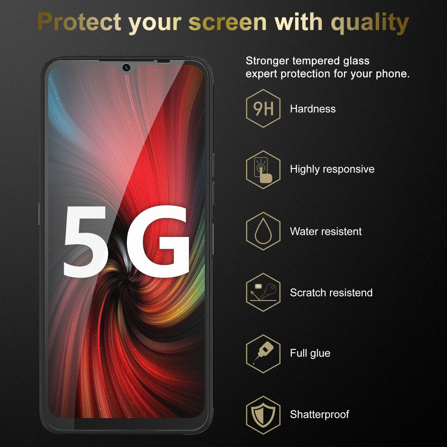 Uno schermo del telefono con il logo 5G e un display colorato. Icone e testo sono visibili.