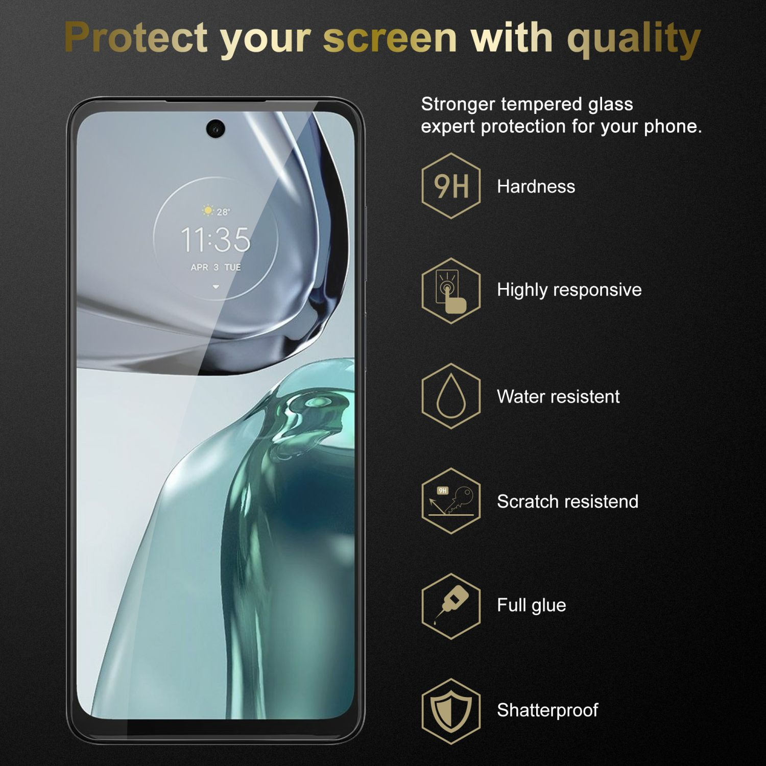 Telefono con protezione schermo, con testo e icone che promuovono le funzionalità, su sfondo nero.