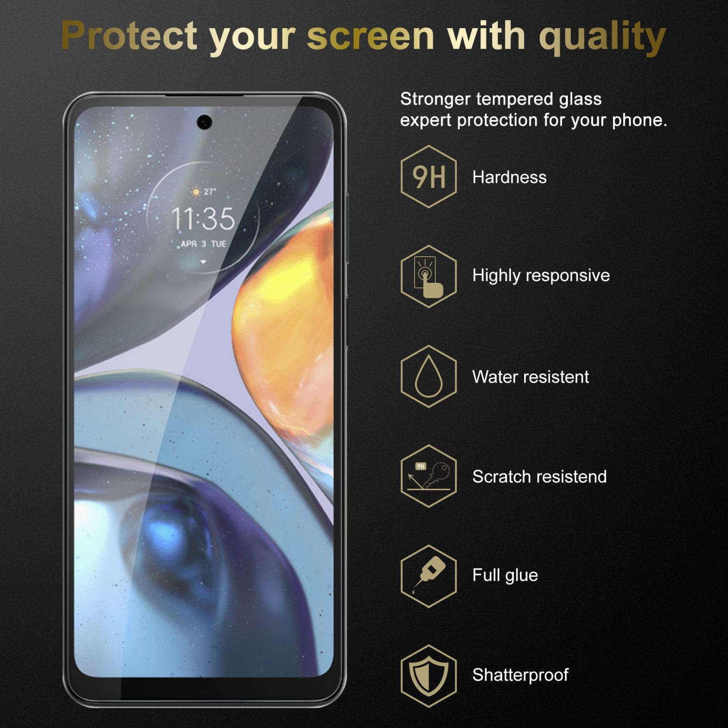 Smartphone con protezione schermo applicata, che mostra l'ora. Testo oro e nero sulla protezione visibile.