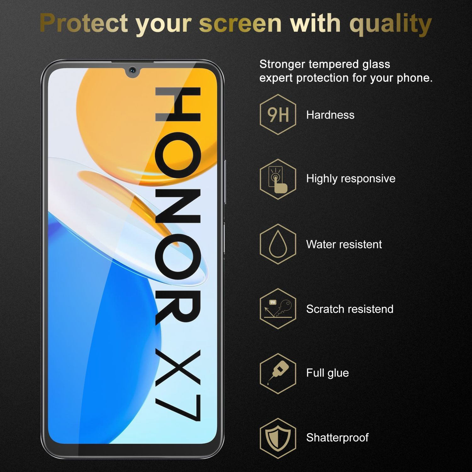 Uno schermo del telefono con il logo HONOR X7 e un display colorato. Icone e testo sono visibili.