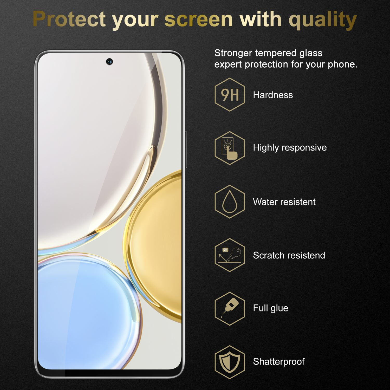 Telefono con protezione schermo, con icone che mostrano durezza 9H, resistenza all'acqua e altro.