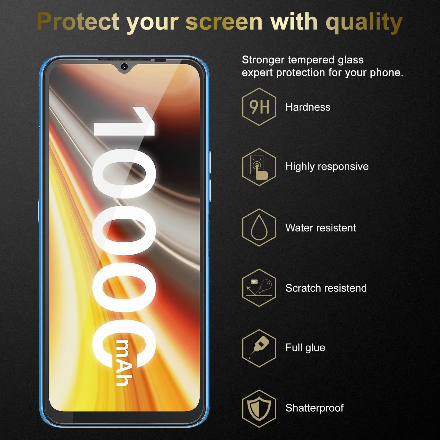 Viene mostrato un telefono con protezione schermo. Il testo evidenzia durezza, reattività e resistenza all'acqua.