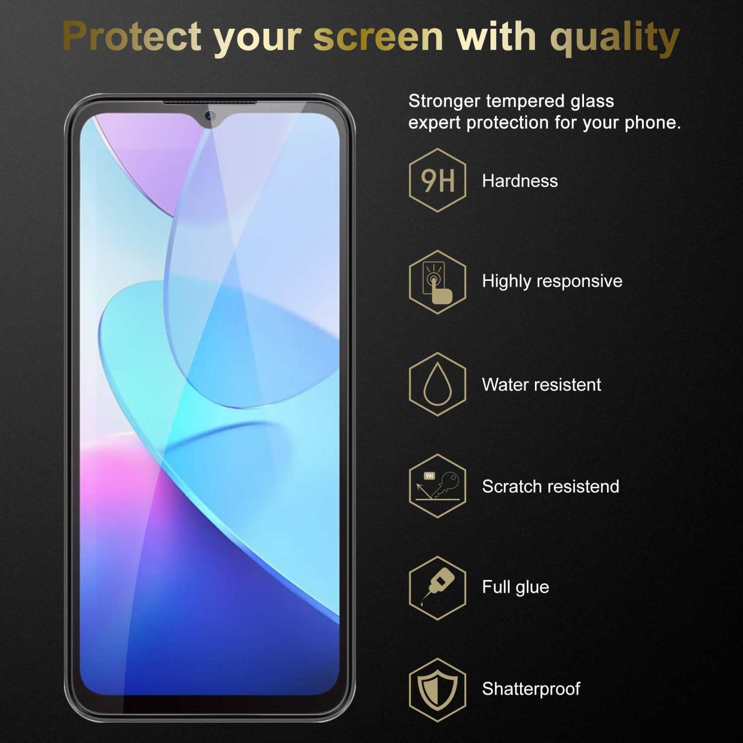 Viene mostrato un telefono con un motivo blu e bianco. Le icone evidenziano le sue caratteristiche come durezza, resistenza all'acqua, ecc.