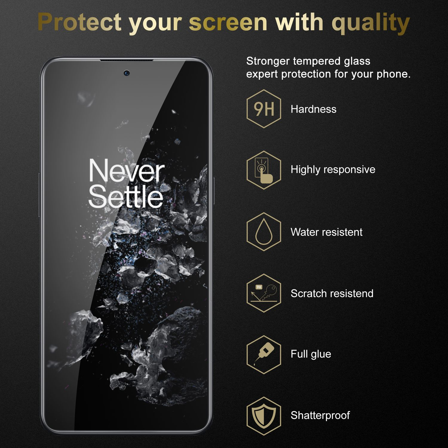 Telefono con protezione, icone: durezza 9H, resistente all'acqua, ai graffi, ecc.