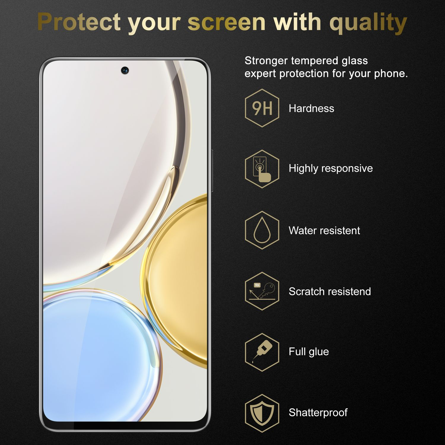 Uno smartphone con protezione schermo viene mostrato con icone che rappresentano durezza, resistenza all'acqua e altro.