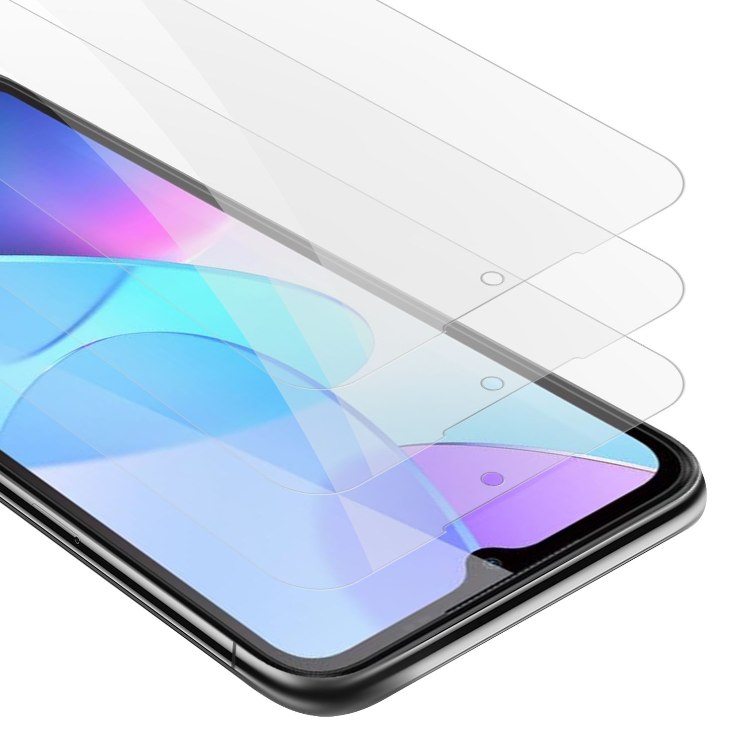 Tre protezioni per lo schermo sono posizionate sopra uno smartphone, dimostrando la loro trasparenza.