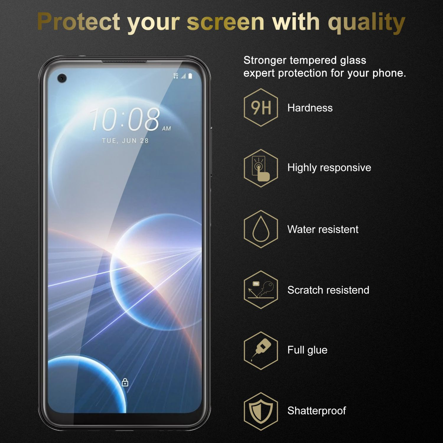 Smartphone con protezione schermo con testo sulla protezione e funzionalità. Sfondo scuro con icone.