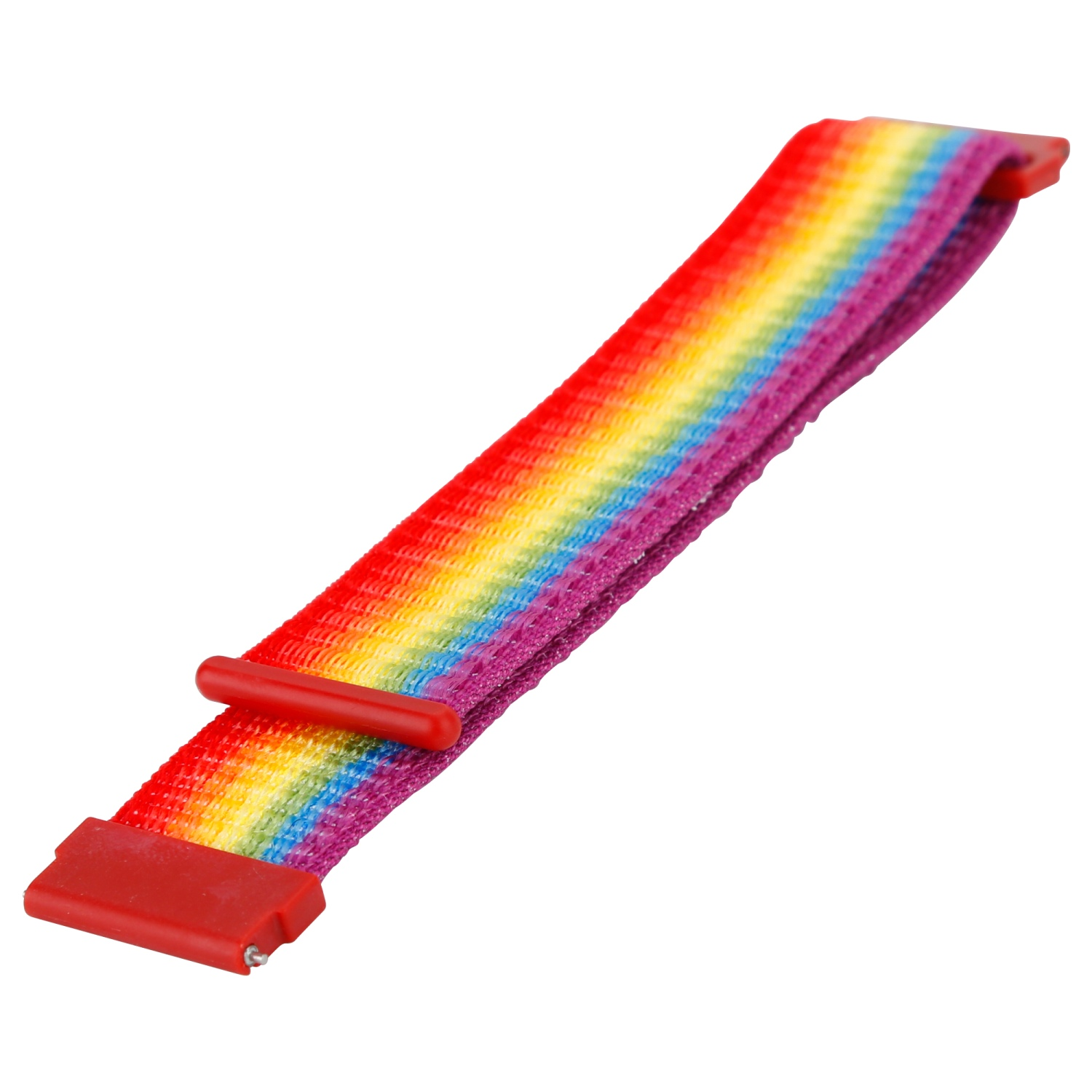 Ein Regenbogenfarbenes Uhrenarmband. Rote Verschlüsse an beiden Enden.