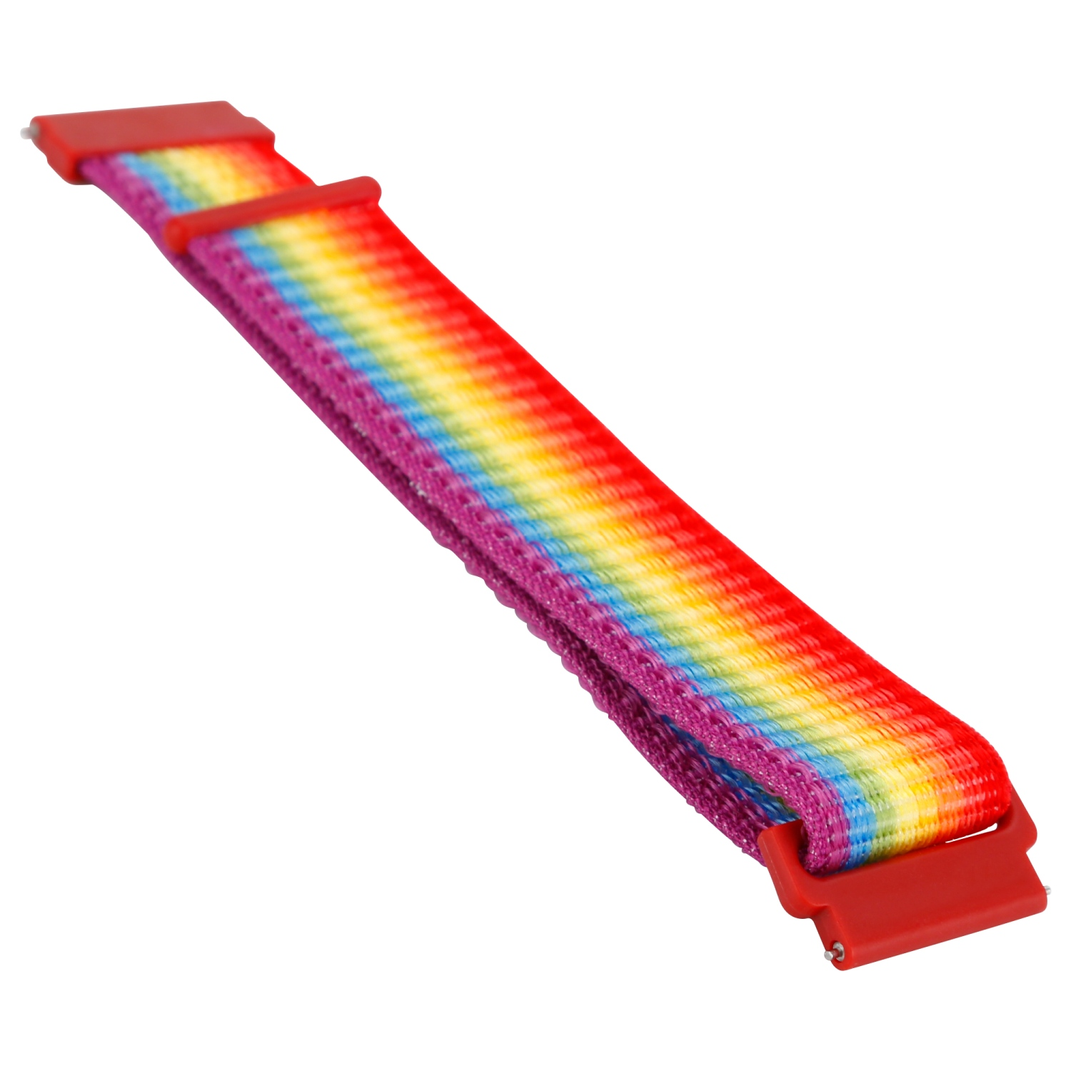 Ein regenbogenfarbenes Uhrenarmband mit roten Verschlüssen. Der Hintergrund ist weiß.