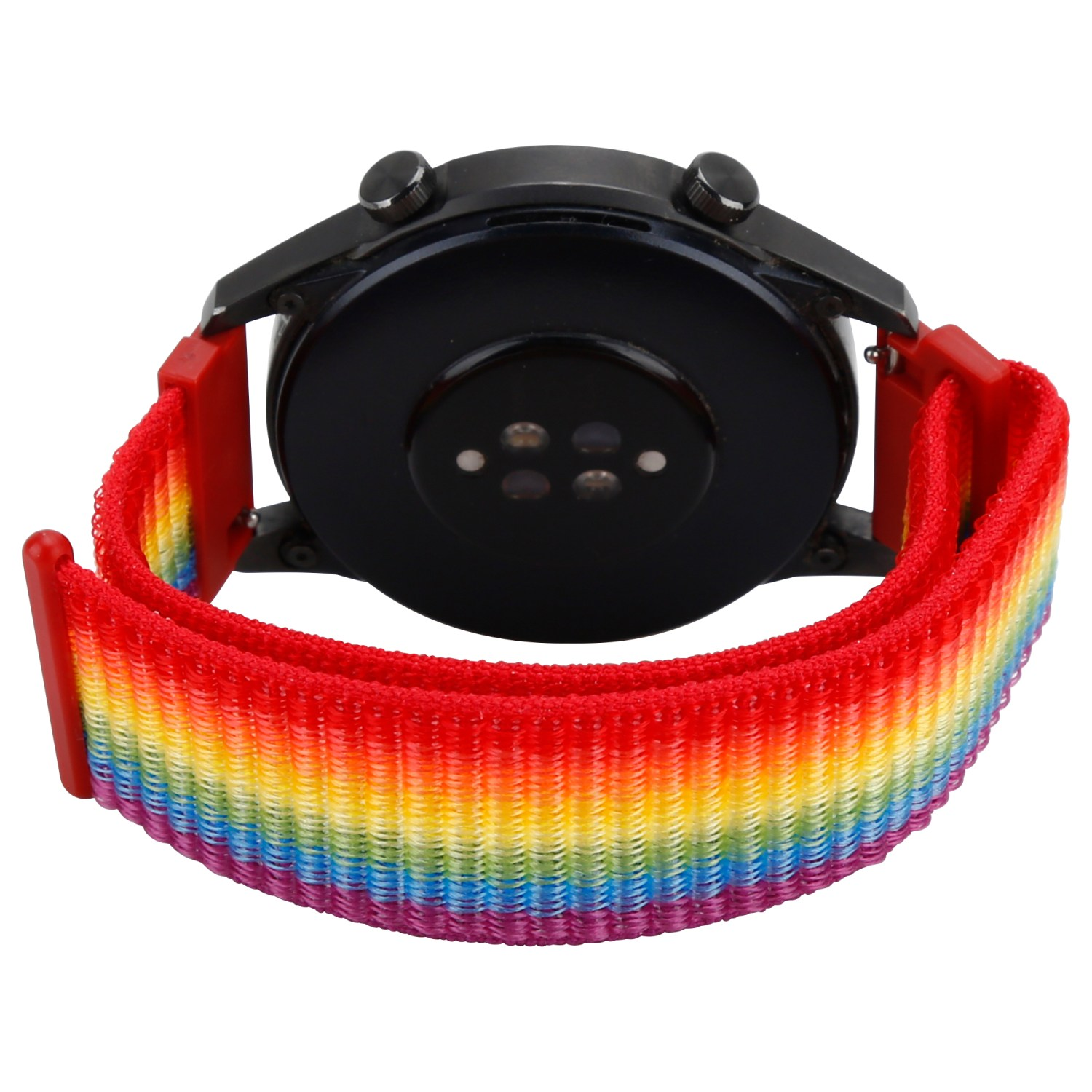 Die Rückseite einer schwarzen Smartwatch mit einem Regenbogenfarbenen Band.