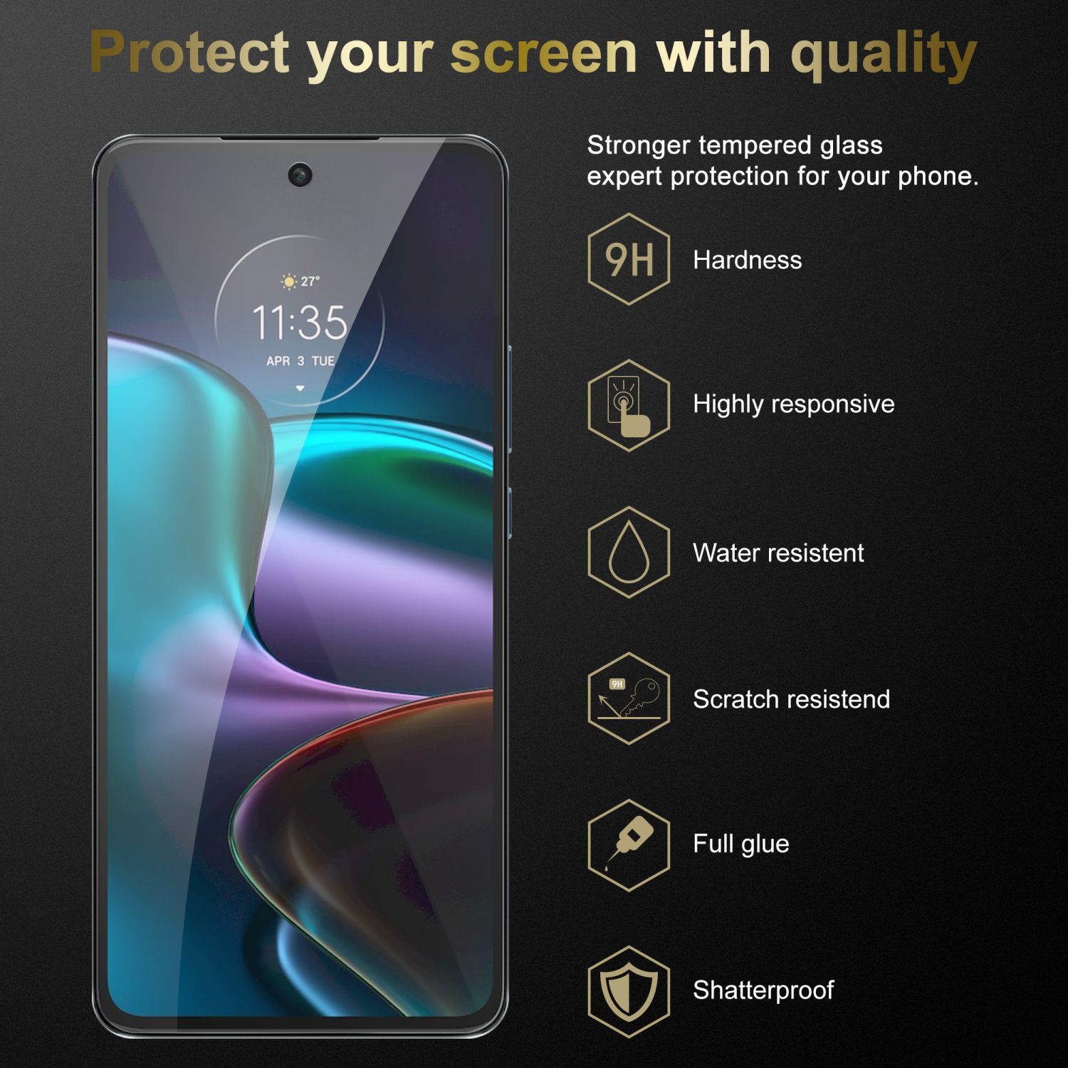 Uno smartphone con proteggi schermo applicato, con funzionalità a destra: durezza, reattivo, resistente all'acqua.