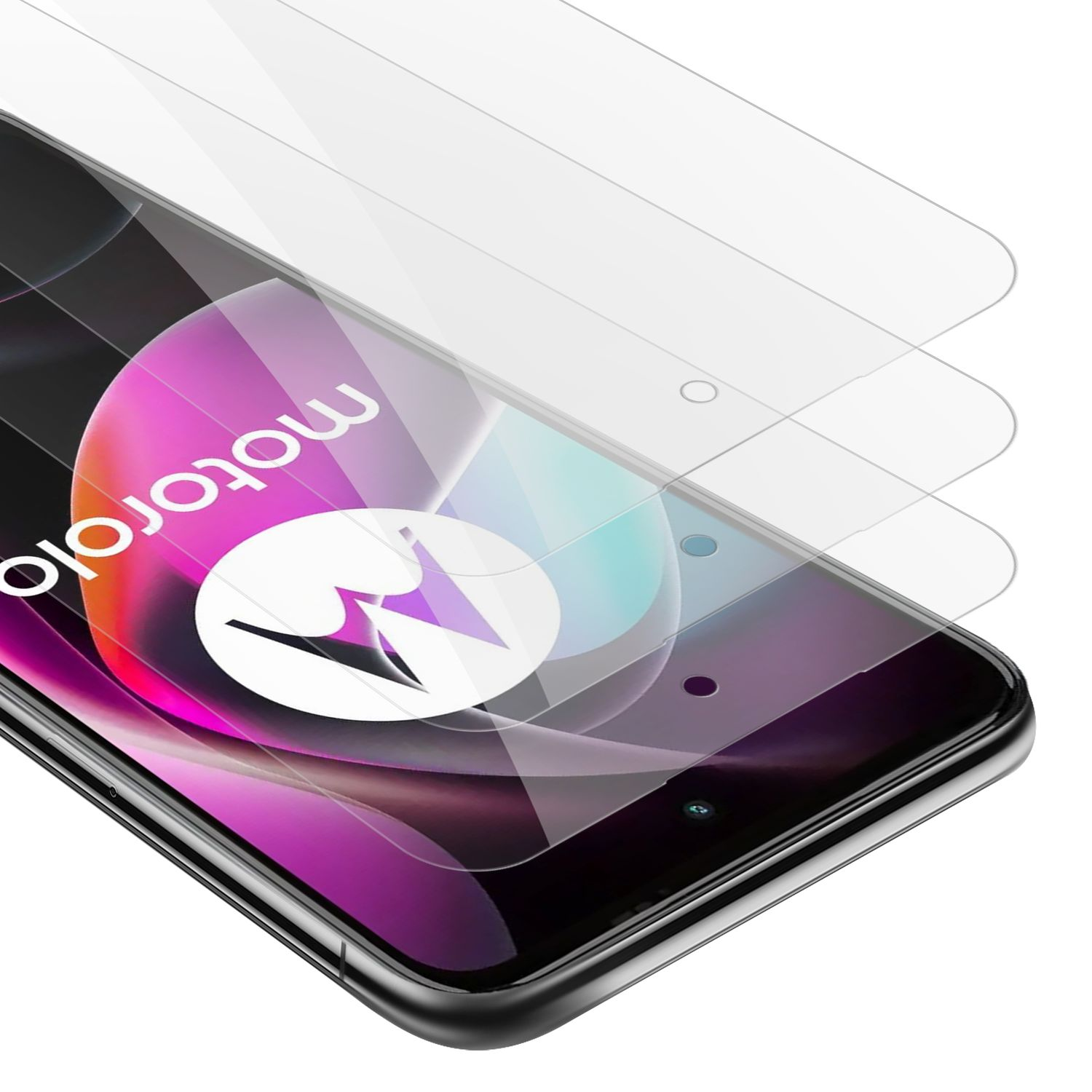 Primo piano di un telefono con protezioni schermo. Logo Motorola sullo schermo.