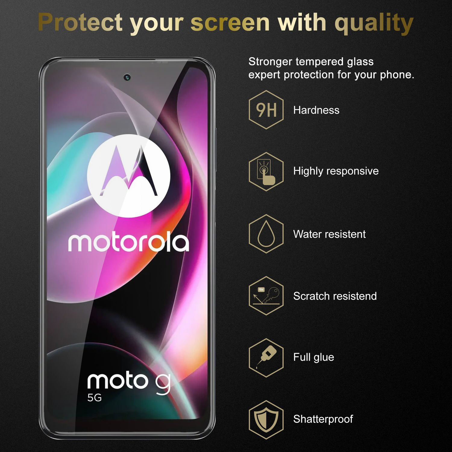 Uno schermo del telefono con protezione, che mostra il logo del marchio e le caratteristiche.