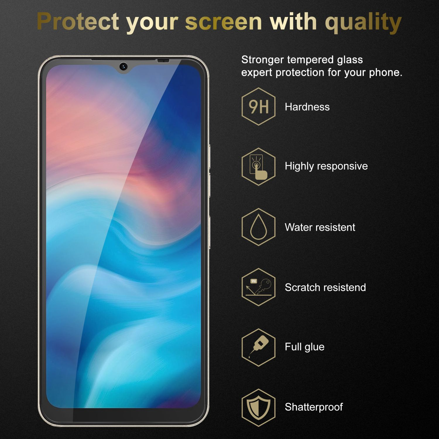 Viene mostrato un telefono con protezione schermo. Il testo evidenzia durezza, reattività e resistenza all'acqua.