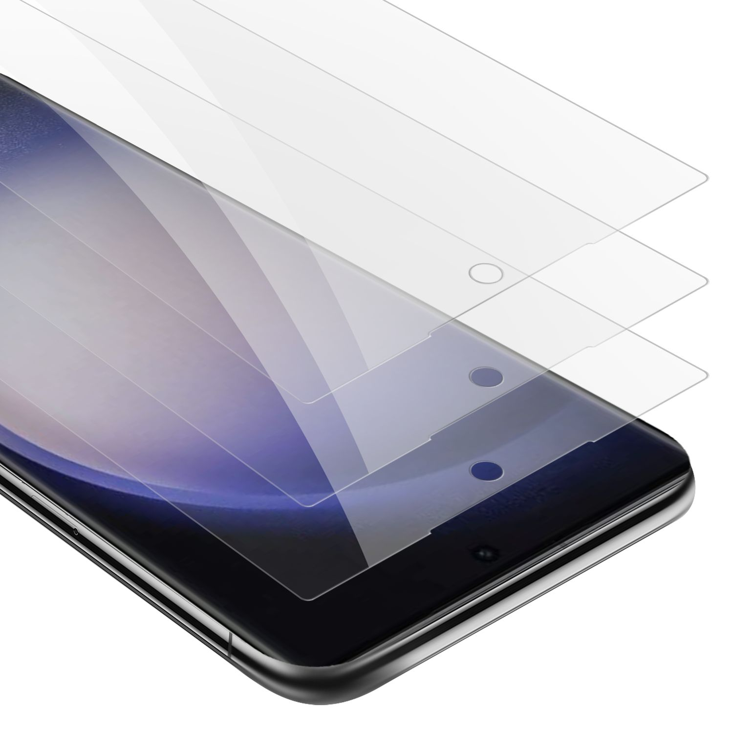 Telefono con proteggi schermo applicati, tre strati visibili.