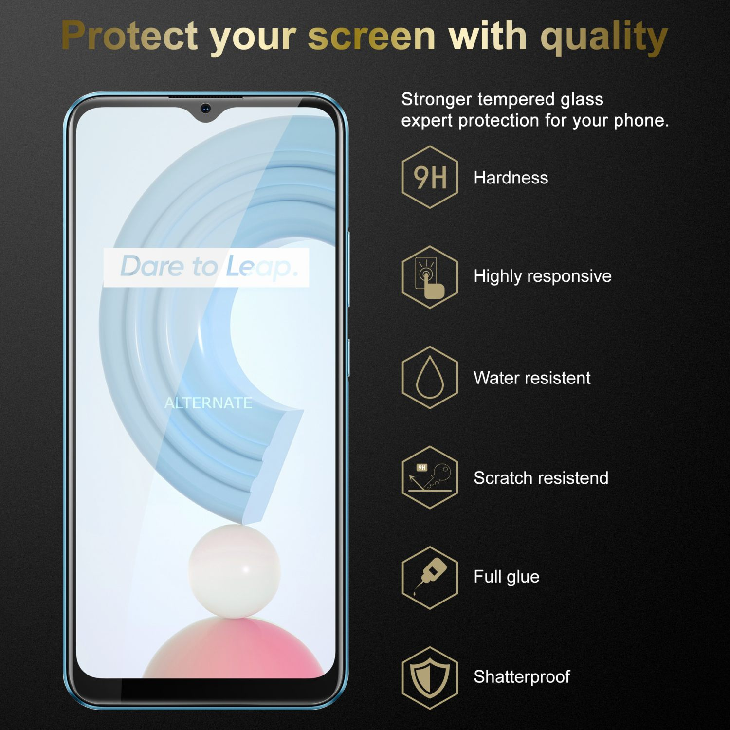 Smartphone con protezione schermo applicata e icone che mostrano le funzioni.