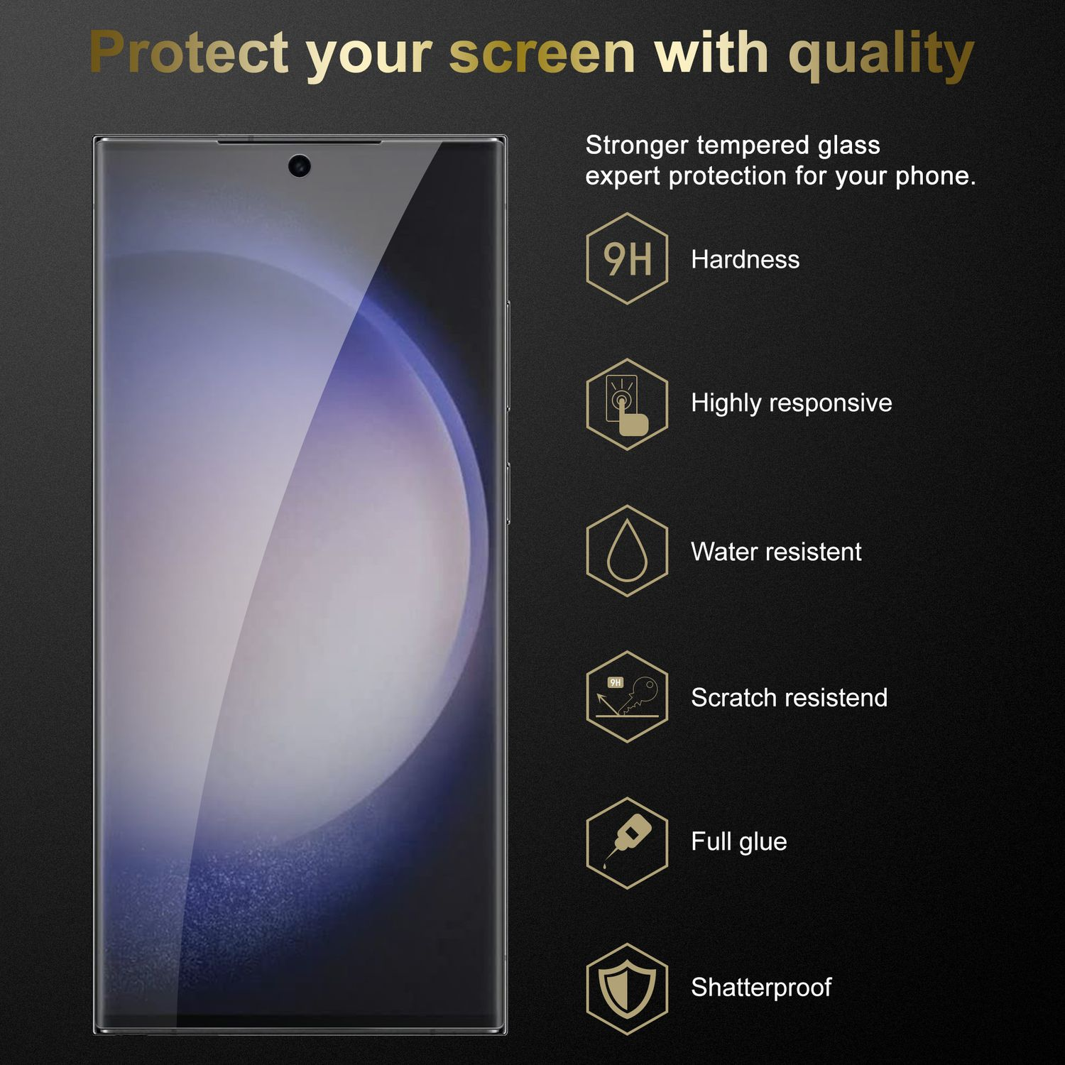 Smartphone con protezione schermo. Caratteristiche a destra: durezza, reattivo, resistente all'acqua, antigraffio, colla piena, infrangibile.