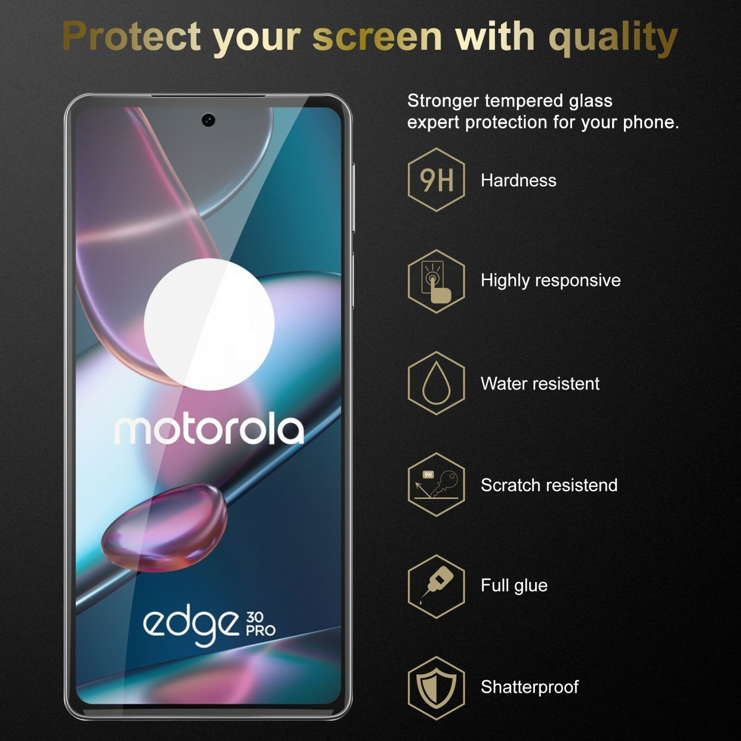 Un telefono mostra una protezione per lo schermo con caratteristiche come durezza 9H, resistenza all'acqua e colla completa.