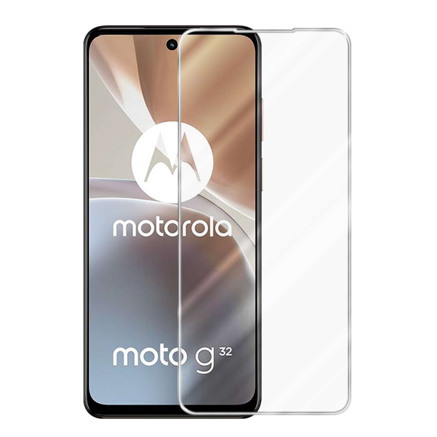 Smartphone Motorola Moto G32 con protezione schermo. Il telefono mostra il logo e la protezione è trasparente.