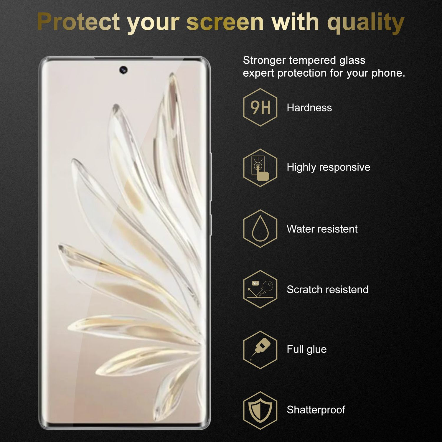 Teléfono con protector de pantalla, texto e iconos sobre fondo negro. El teléfono está a la izquierda.