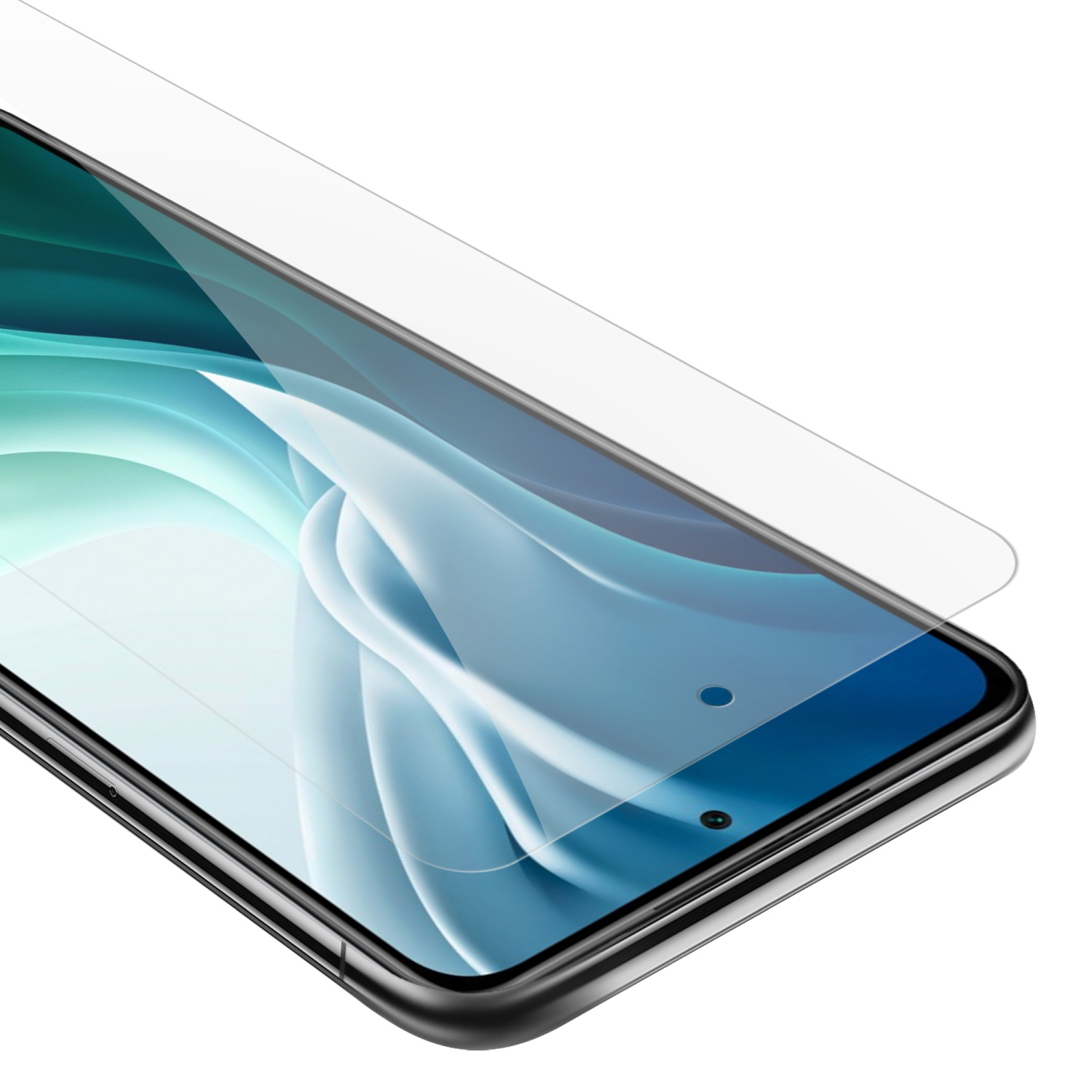Un telefono con protezione schermo applicata. Ha una protezione schermo.