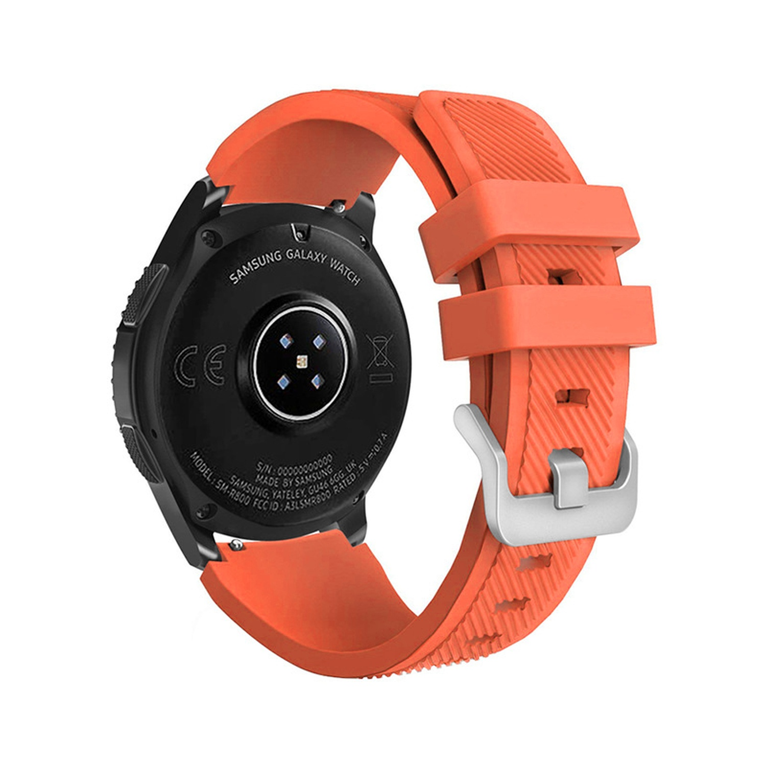 Schwarze Samsung Galaxy Uhr mit orangefarbenem Armband, Rückseite und Armband zeigend.