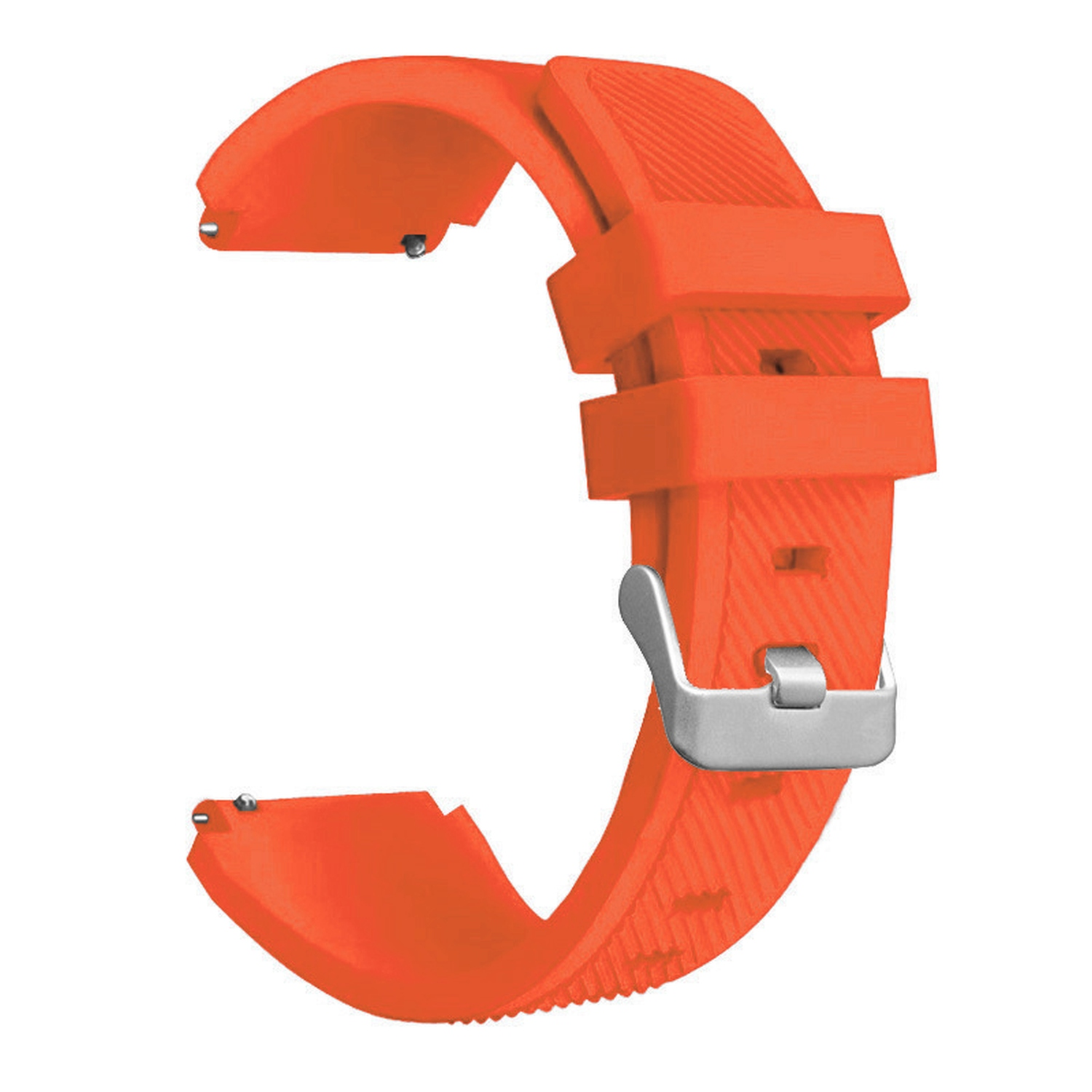 Orangenes Uhrenarmband mit silberner Schnalle. Das Armband hat eine durchgehende orange Farbe und eine gerippte Textur.