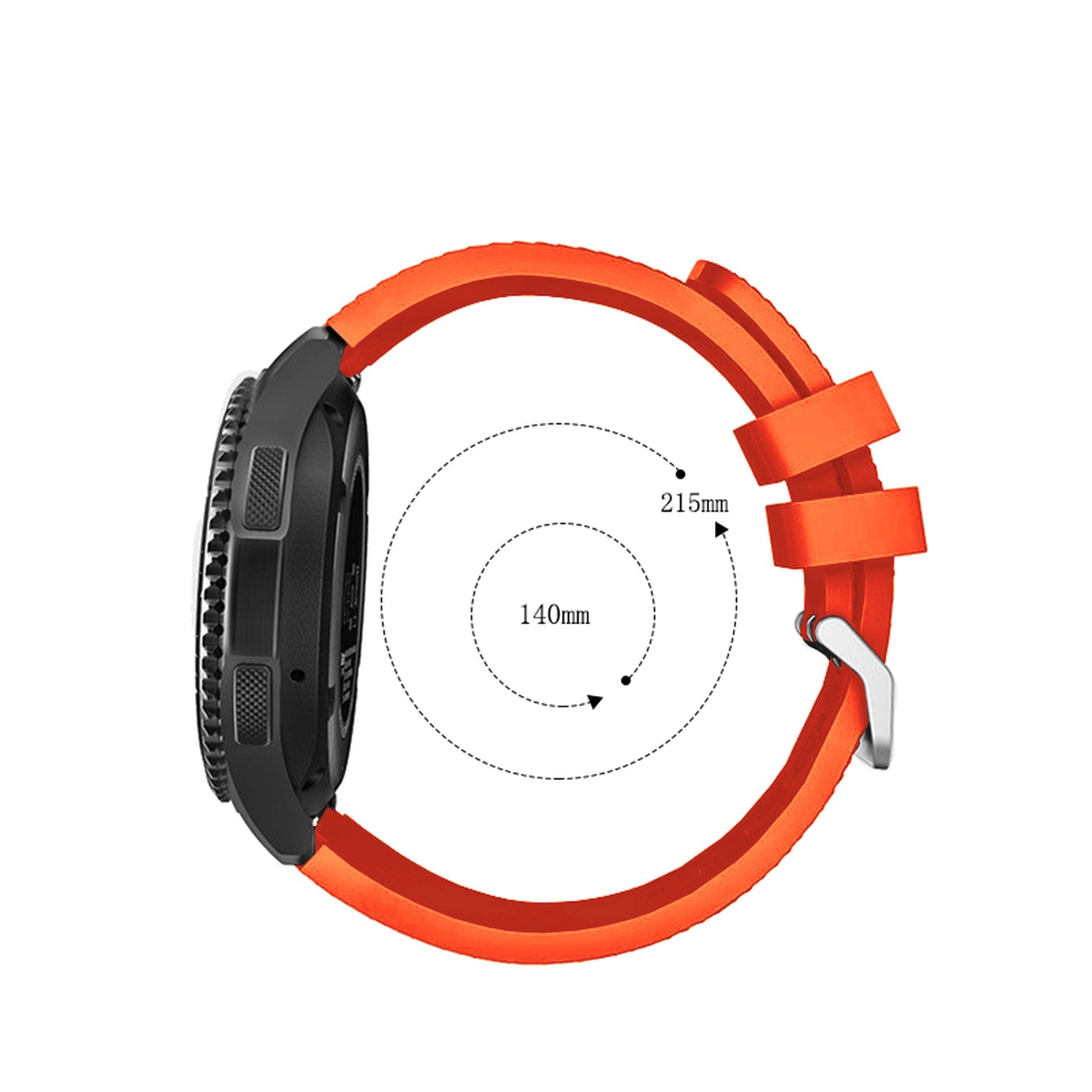 Eine schwarze Smartwatch mit orangefarbenem Armband. Das Armband hat Maße. Die Uhr zeigt das Seitenprofil.