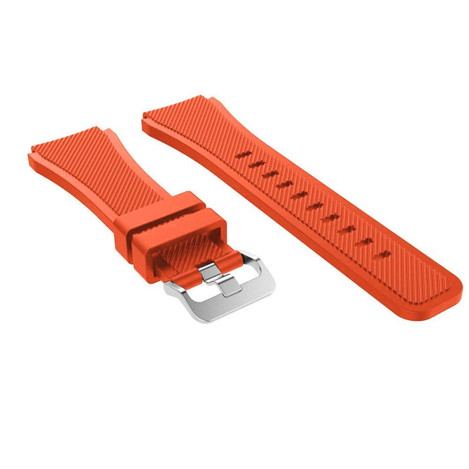 Orangenes Uhrenarmband mit silberner Schnalle. Das Armband hat eine geriffelte Textur.