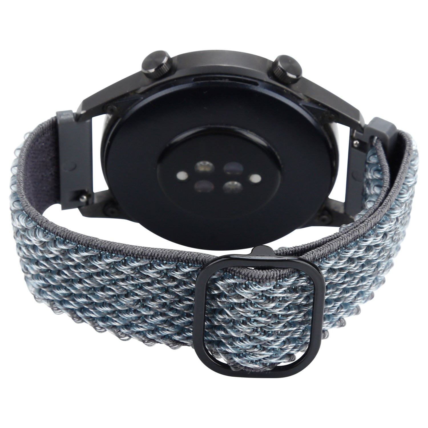 Schwarze Smartwatch auf weißem Hintergrund. Die Uhr zeigt Rückseite und Armband. Graues und blaues Armband.