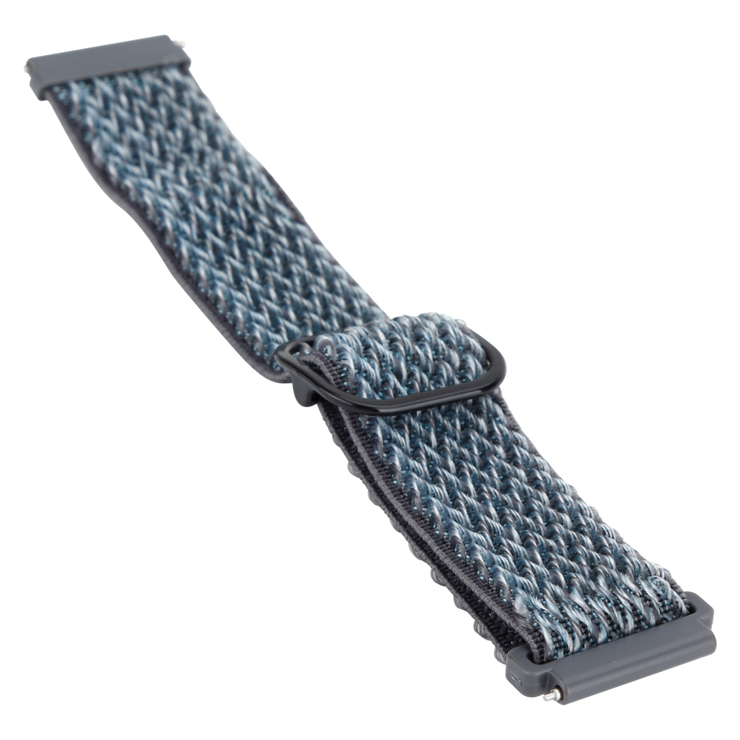 Ein Uhrenarmband. Es ist blau und grau. Das Band ist geflochten und hat einen Verschluss.