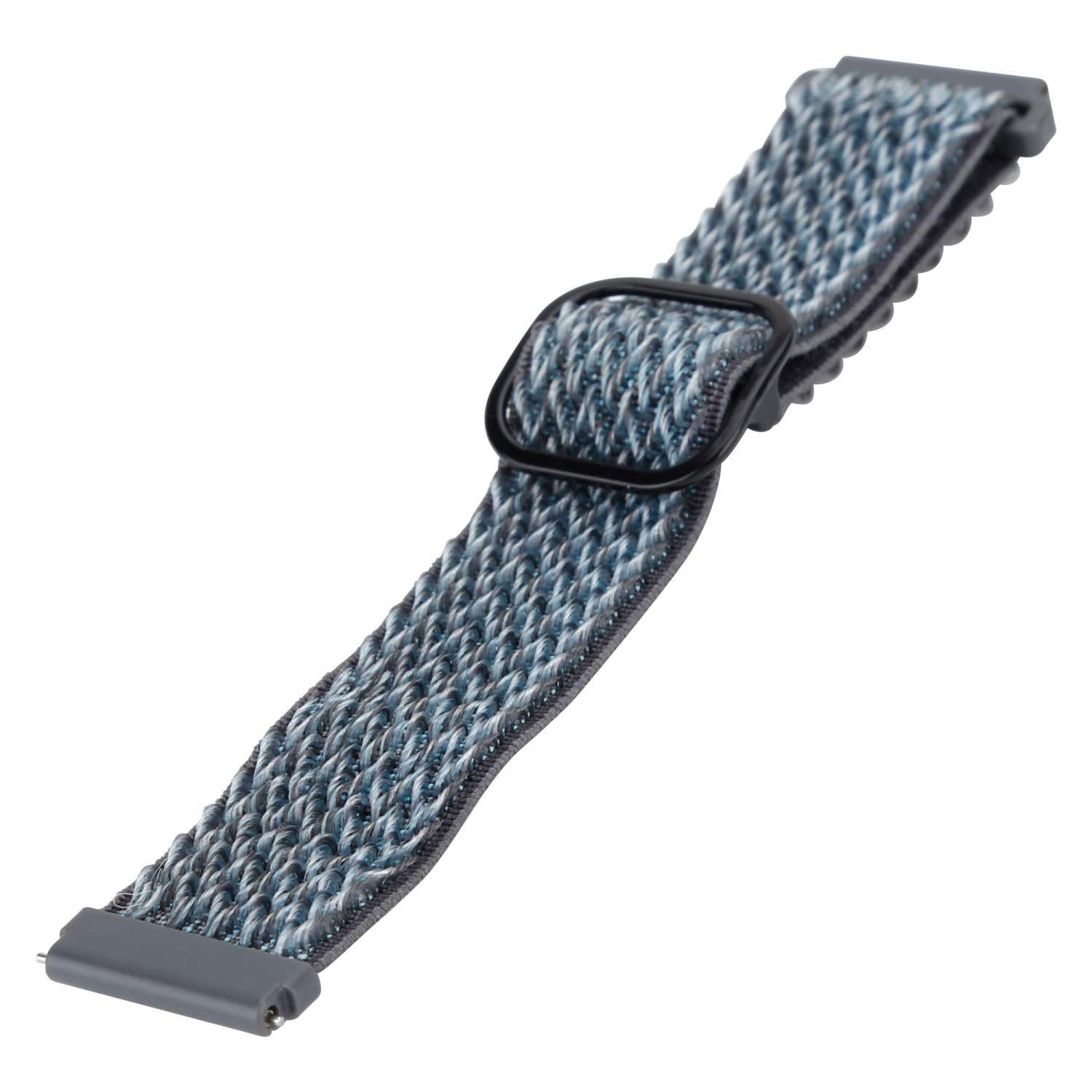 Ein blau-weißes gewebtes Uhrenarmband mit einer schwarzen Schnalle. Es ist auf weißem Hintergrund.