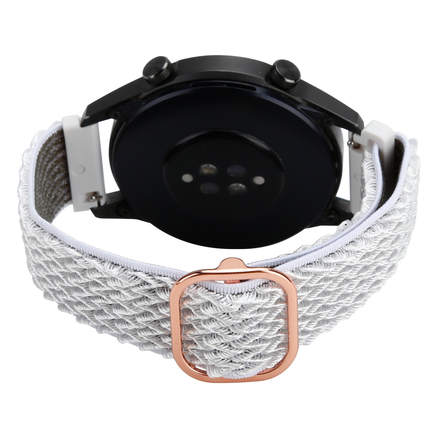 Smartwatch mit weißem und grau geflochtenem Armband. Eine Schnalle befindet sich am Band.
