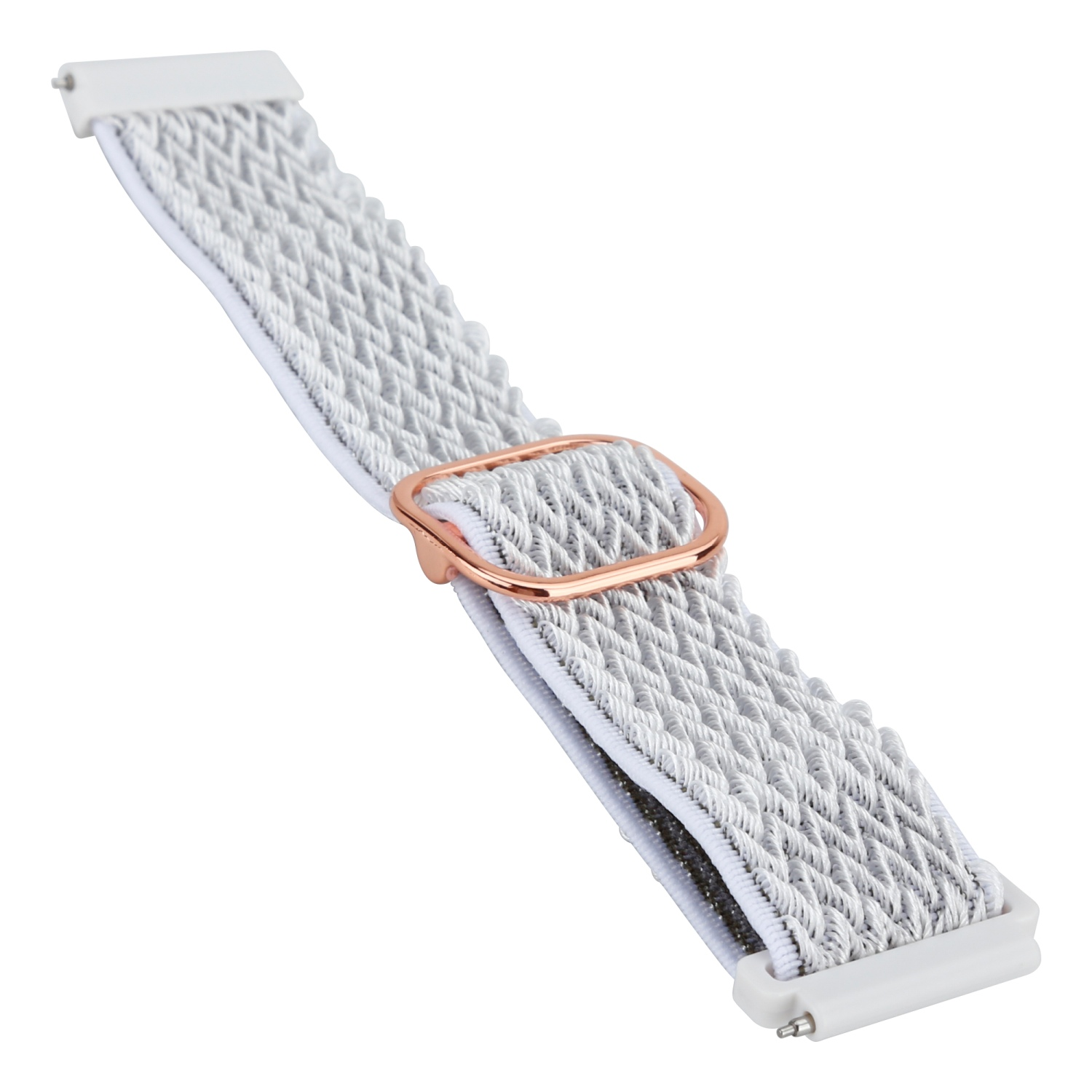 Weißes Uhrenarmband mit Webmuster und roségoldener Schnalle. Auf weißem Hintergrund.