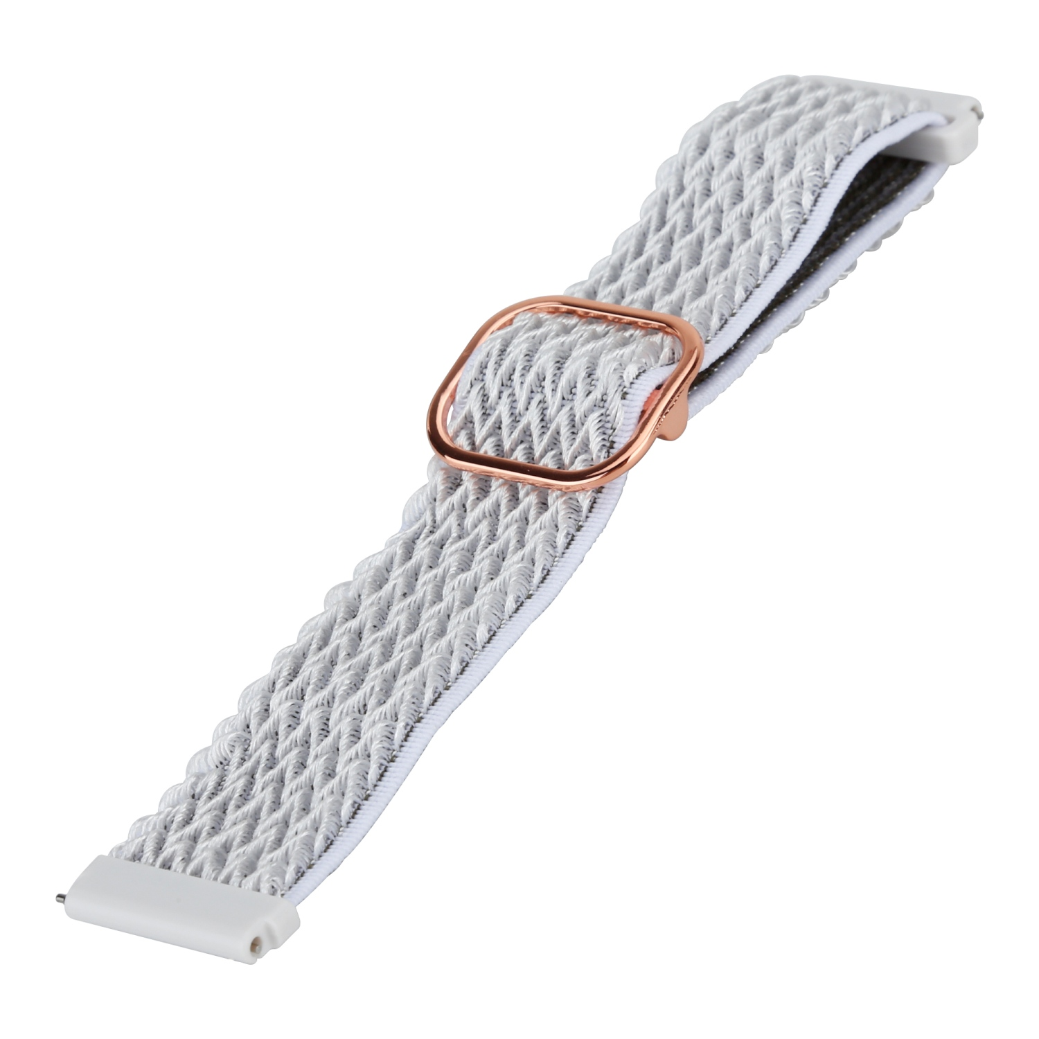 Graues Uhrenarmband mit roségoldener Schnalle. Es hat ein strukturiertes Muster und weiße Kanten.