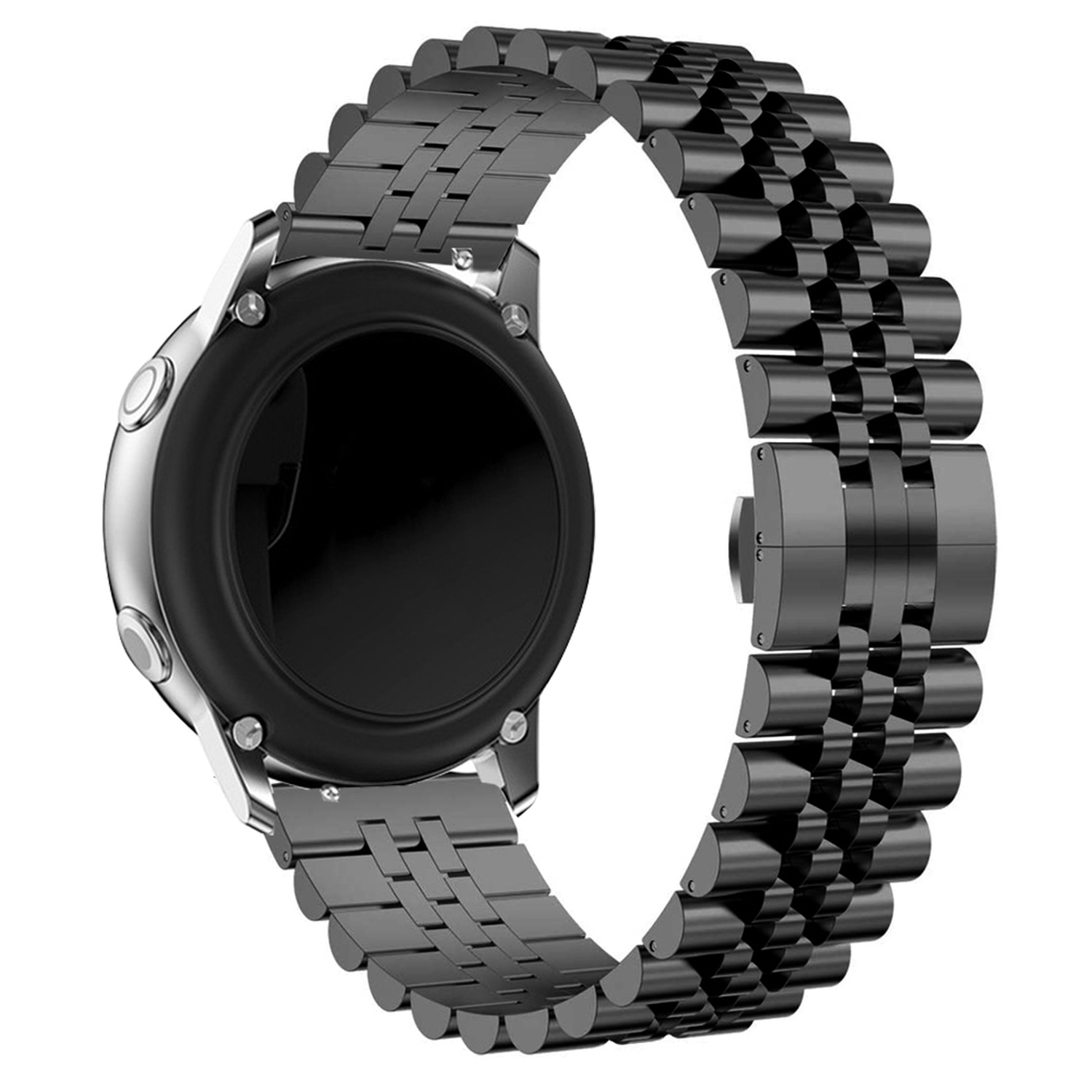 Schwarzes Uhrenarmband mit silbernem Zifferblatt. Es ist ein Metallarmband mit ineinandergreifendem Design auf weißem Hintergrund.