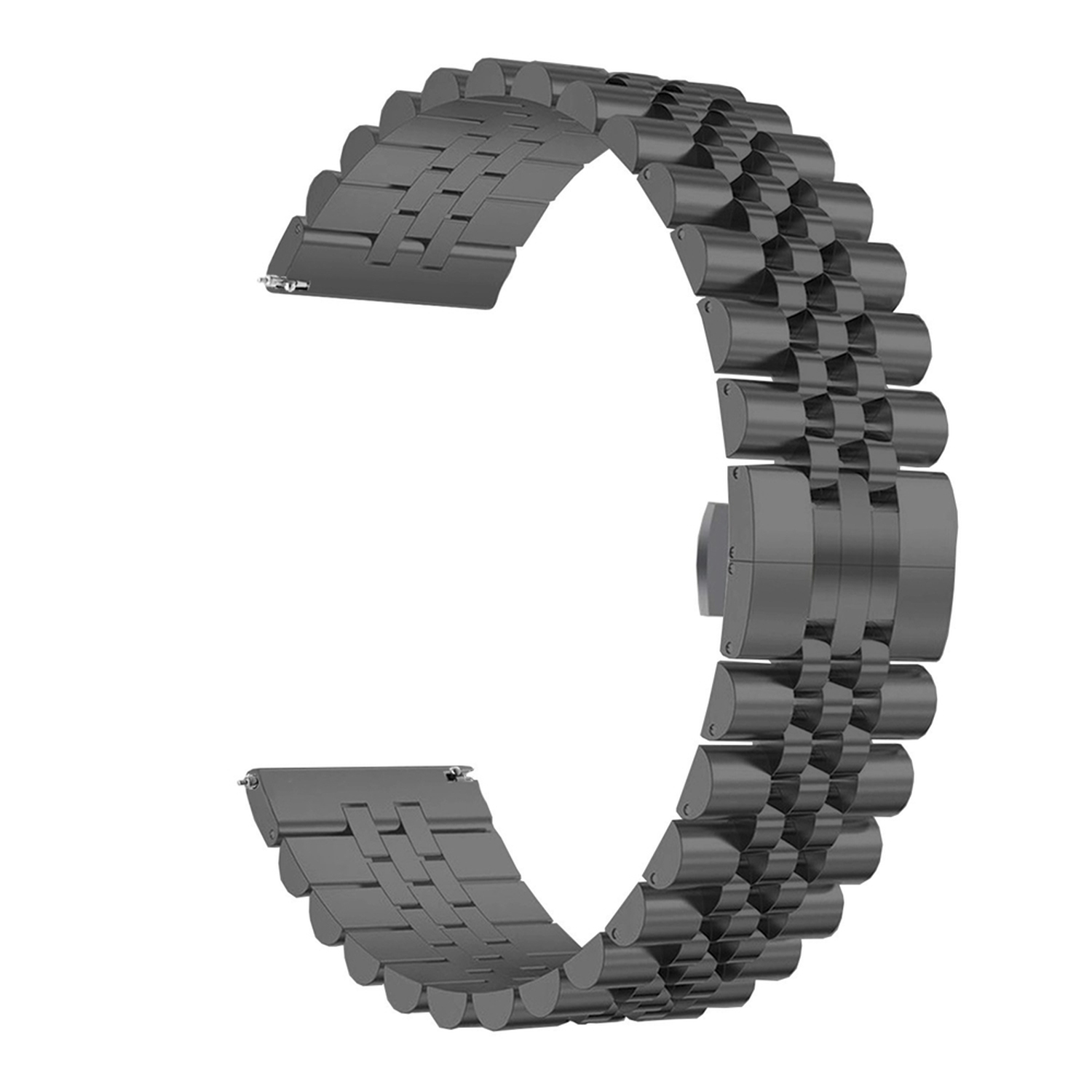 Ein Uhrenarmband aus dunkelgrauen Metallgliedern, in geschwungener Form.