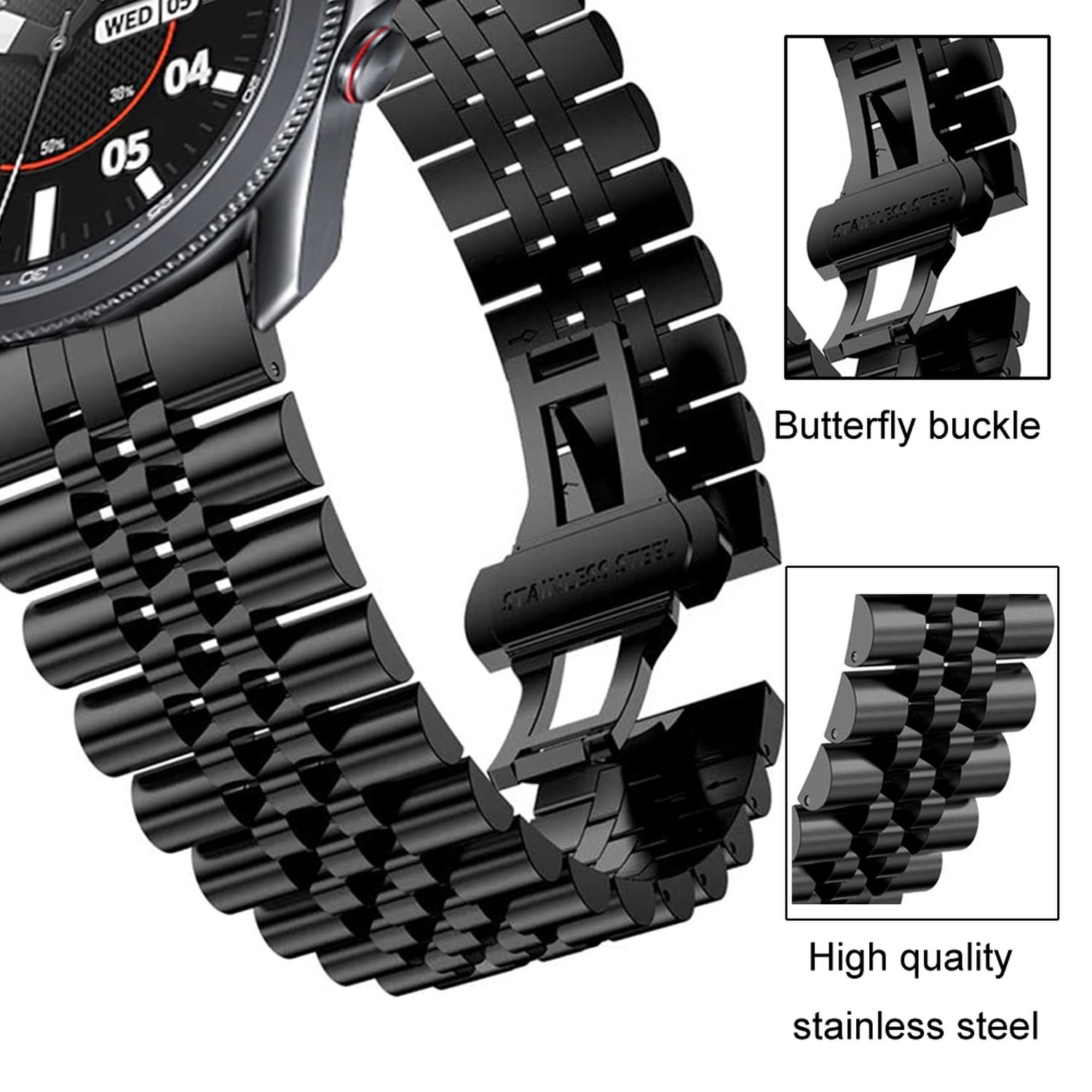 Nahaufnahme eines schwarzen Uhrenarmbands mit Butterfly-Schließe und Details aus Edelstahl.