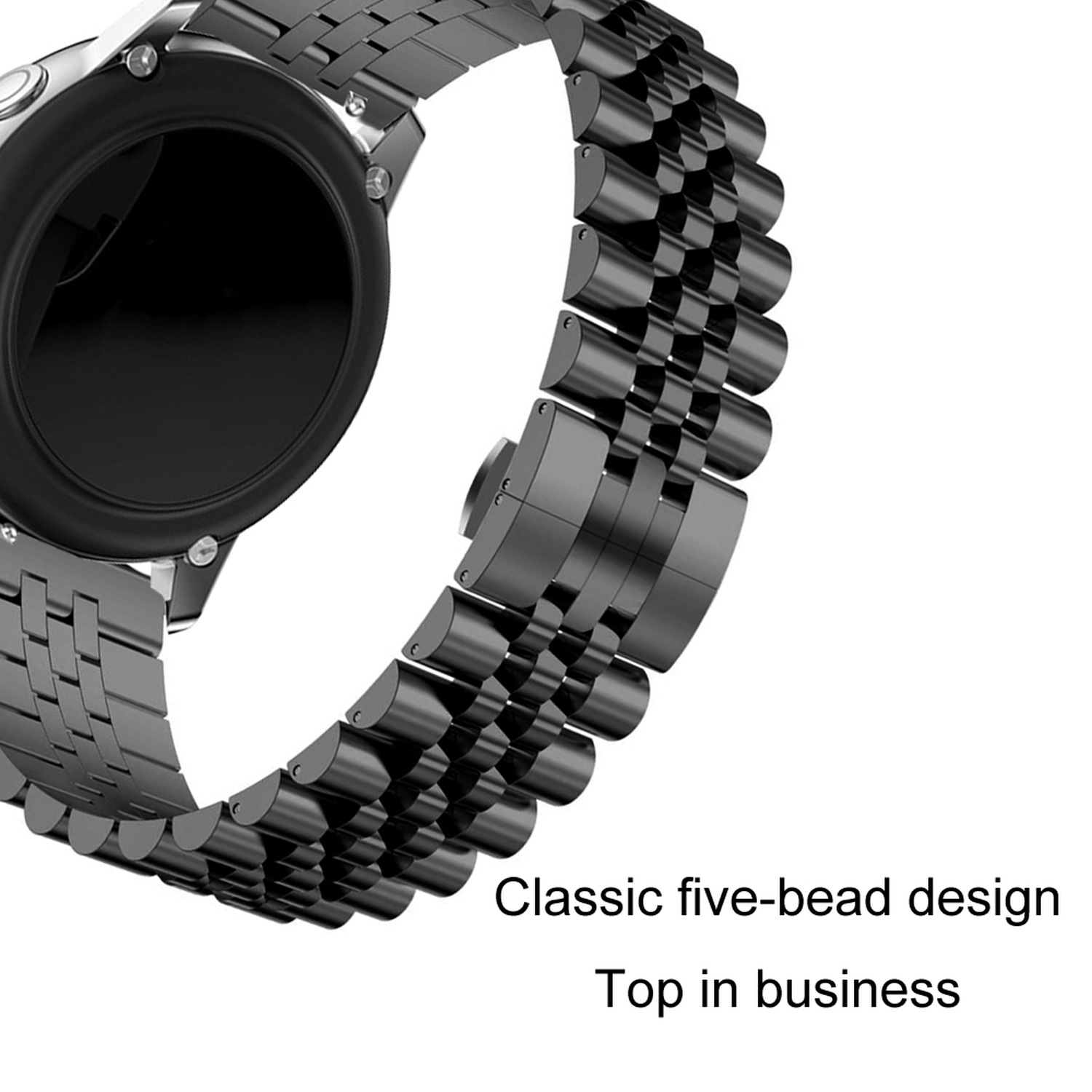 Nahaufnahme einer schwarzen Uhr mit Metallband, Text lautet: "Klassisches Fünf-Perlen-Design".