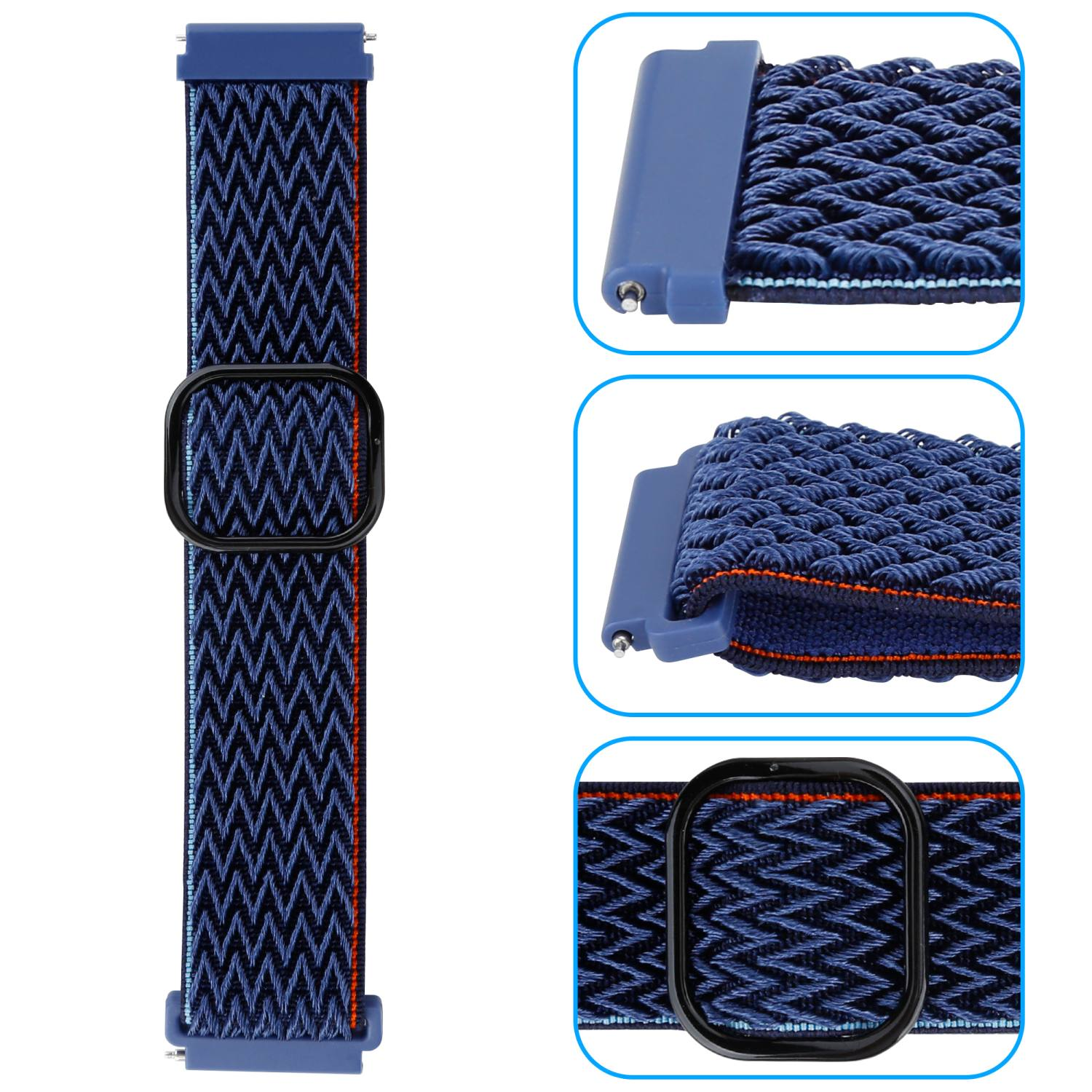 Blaues Uhrenarmband mit gewebtem Muster und schwarzer Schnalle. Details des Bandes werden gezeigt. Weißer Hintergrund.