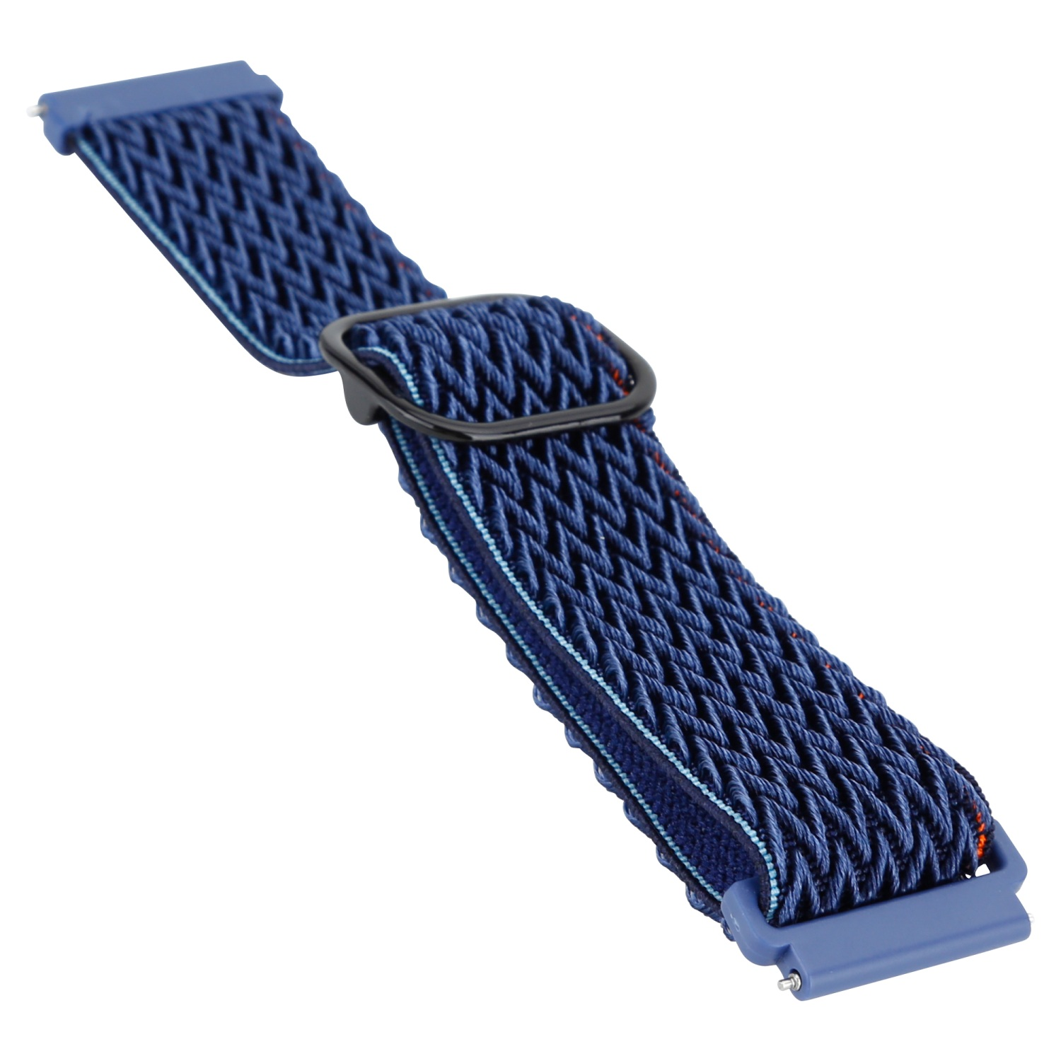 Ein blaues und marineblaues Uhrenarmband. Das Armband besteht aus gewebtem Material.