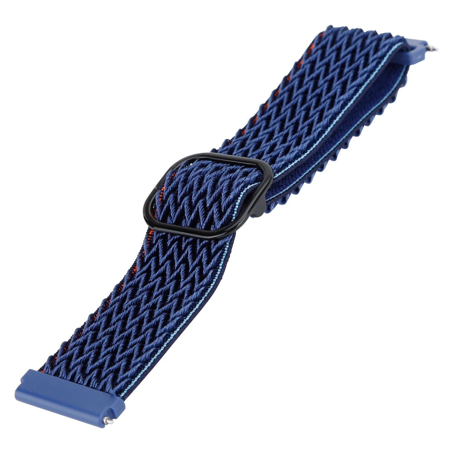 Blaues Uhrenarmband mit schwarzer Schnalle, gewebtem Muster und blauem Stecker. Weißer Hintergrund.