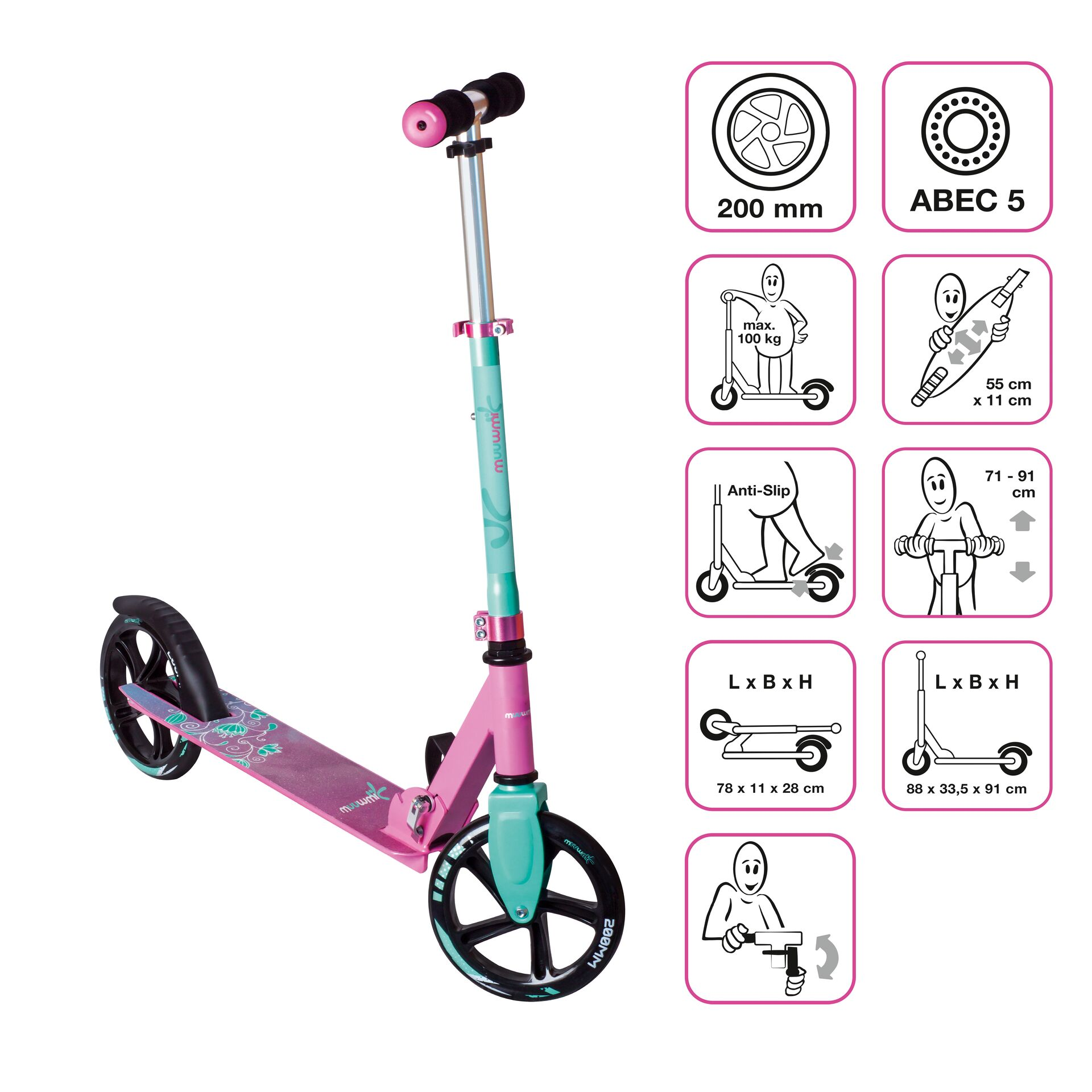 MUUWMI Aluminium Scooter 200 Kinderfahrzeug mm pink-türkis