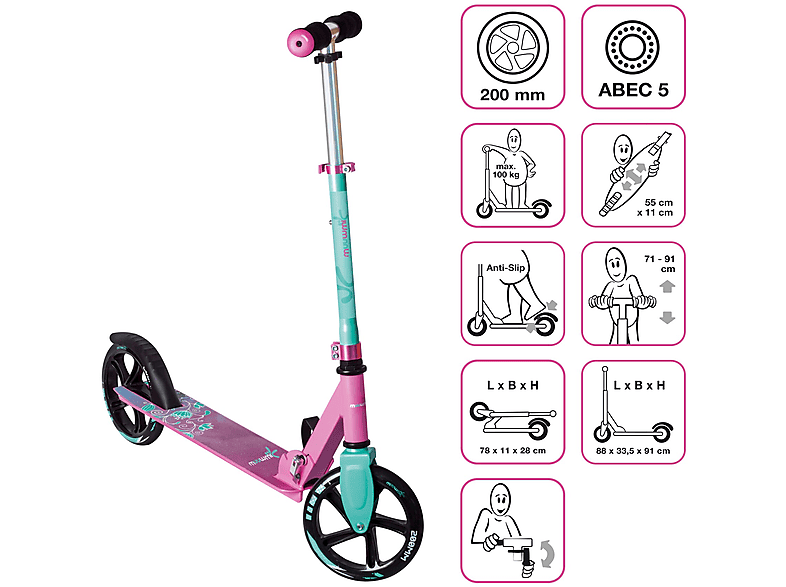 MUUWMI Aluminium Scooter 200 mm pink-türkis Kinderfahrzeug