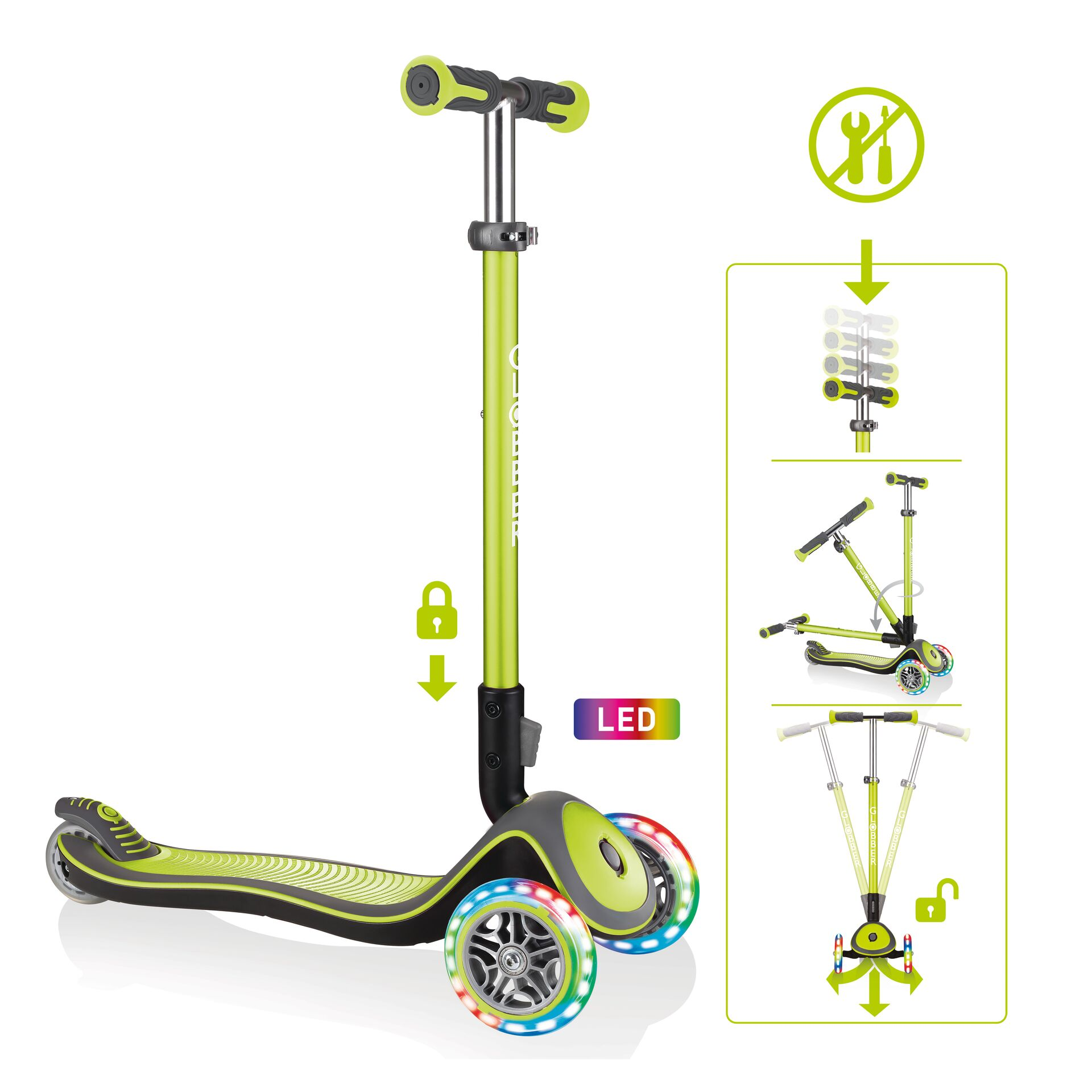 GLOBBER ELITE DELUXE Leuchtrollen grün, Kinderfahrzeug mit lime LIGHTS