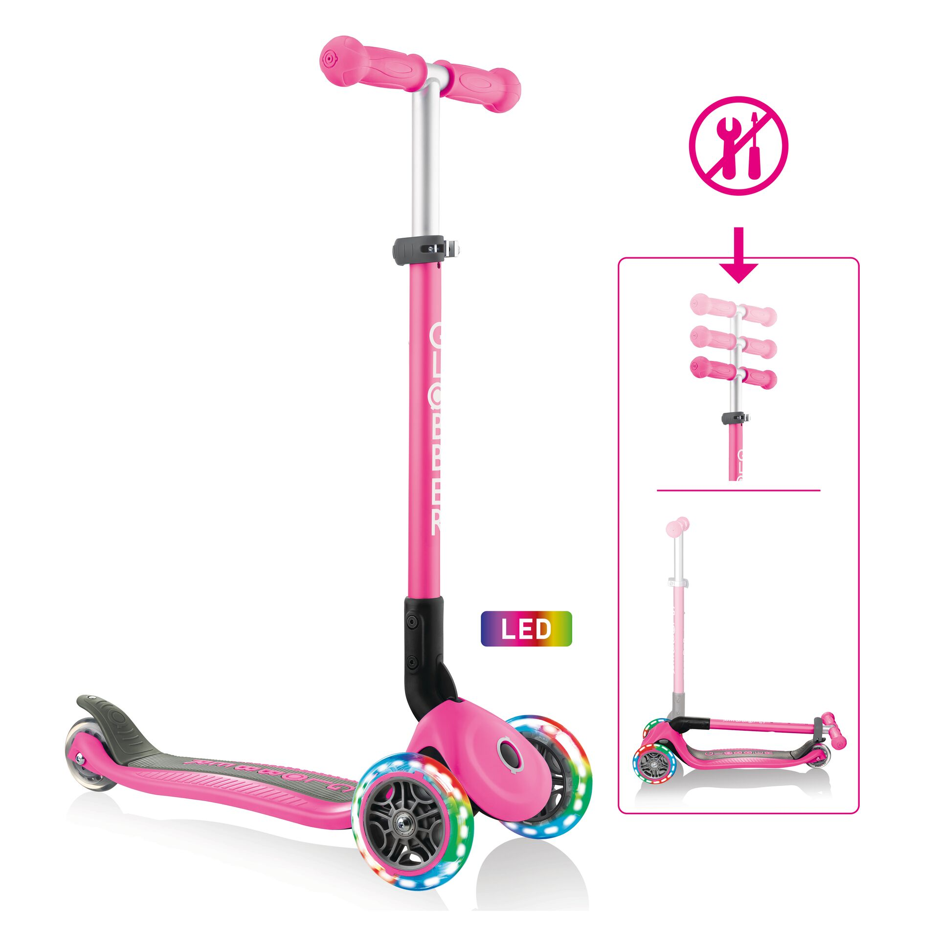 Kinderfahrzeug LIGHTS Leuchtrollen neon pink, GLOBBER PRIMO mit FOLDABLE