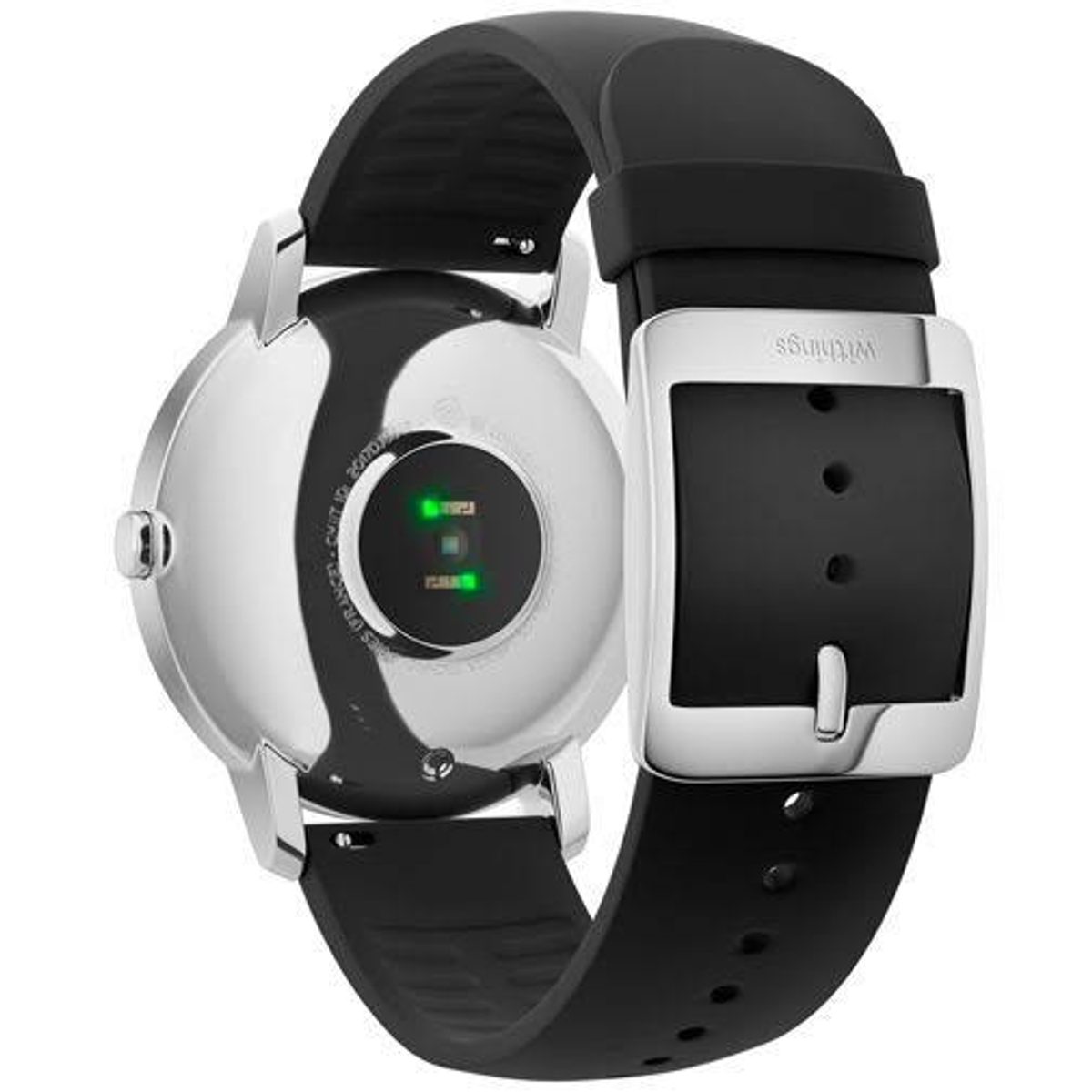 Die Rückseite einer silbernen Smartwatch mit schwarzem Armband. Die Rückseite hat einen Herzfrequenzsensor. Nahaufnahme.