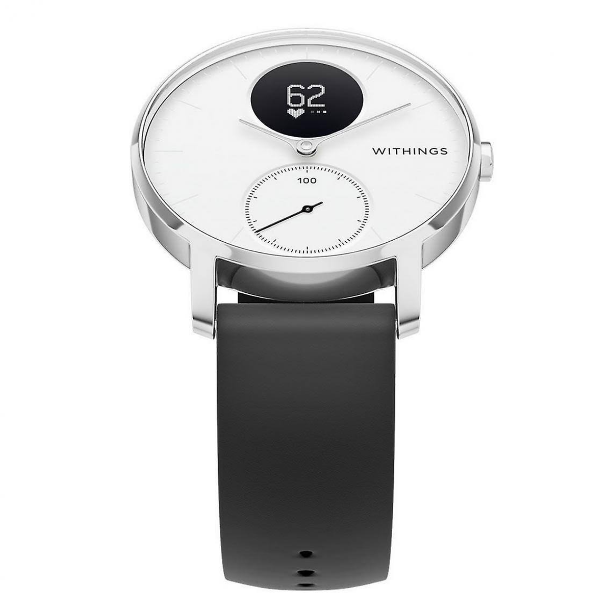 Eine Smartwatch mit weißem Zifferblatt und schwarzem Armband. Zeigt Zahlen und ein Herzsymbol. Marke 'WITHINGS'.